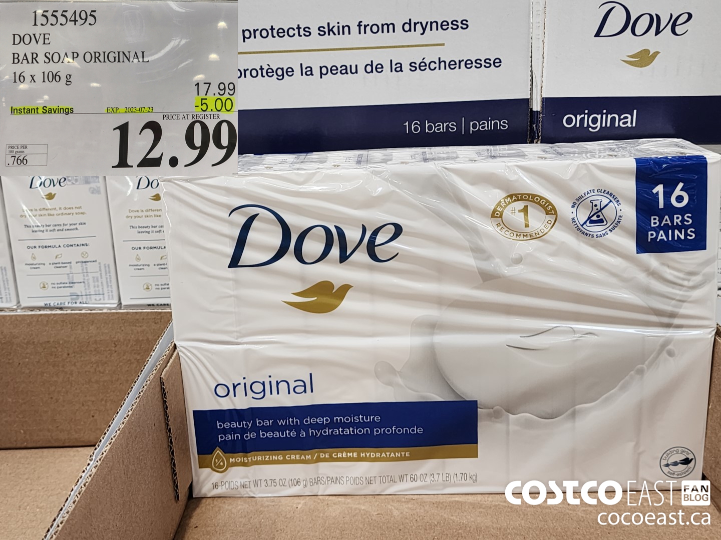 1555495 DOVE BAR SOAP ORIGINAL 16 x 106 g ($5.00 INSTANT SAVINGS EXPIRES ON 2023-07-23) $12.99