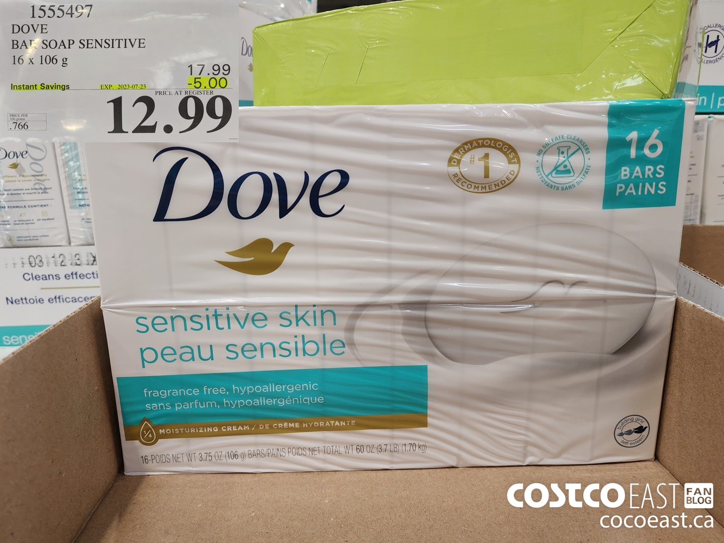 1555497 DOVE BAR SOAP SENSITIVE SKIN 16 x 106 g ($5.00 INSTANT SAVINGS EXPIRES ON 2023-07-23) $12.99