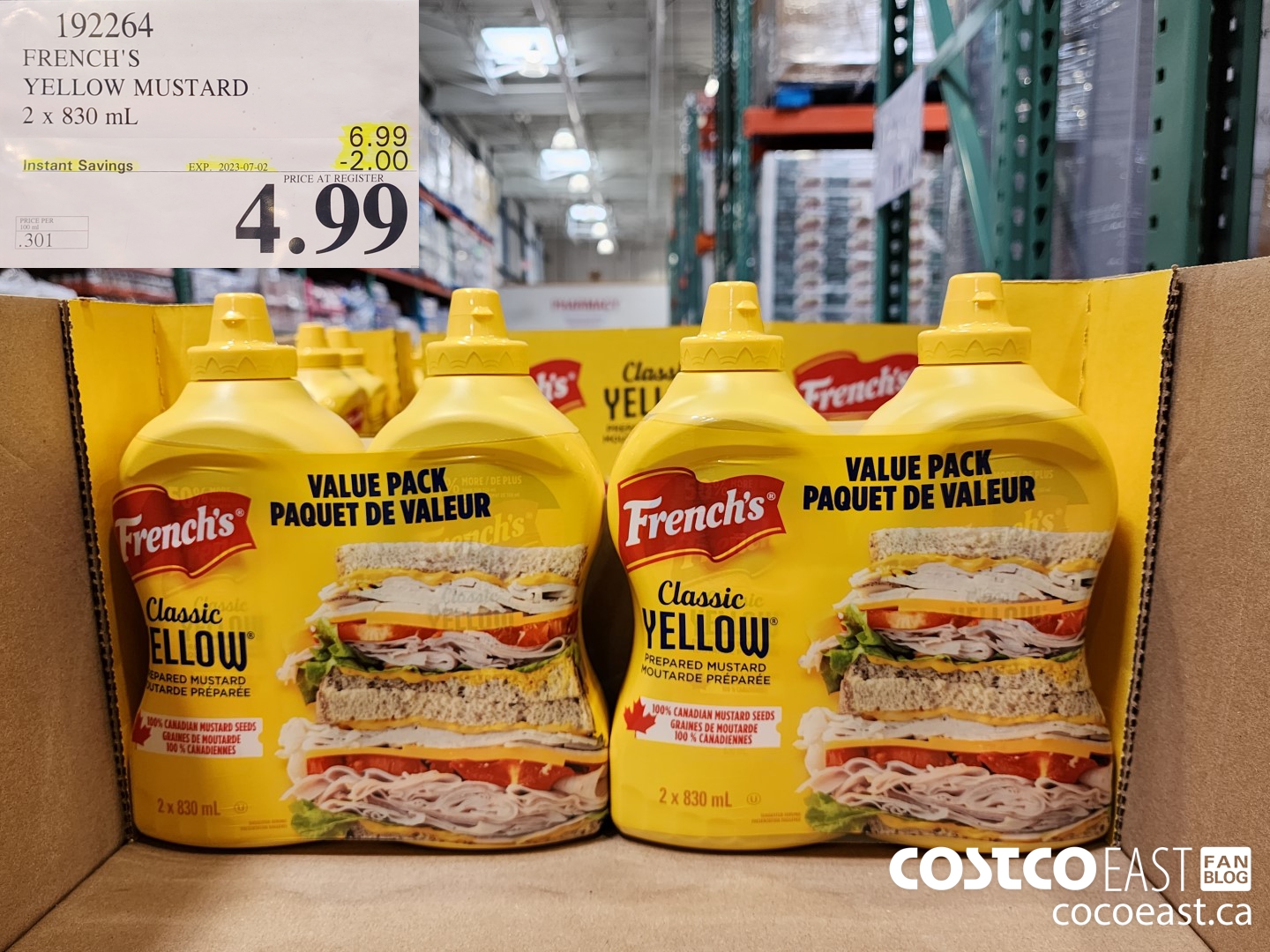 192264 FRENCH'S YELLOW MUSTARD 2 X 830 ML ($2.00 INSTANT SAVINGS EXPIRES ON 2023-07-02) $4.99