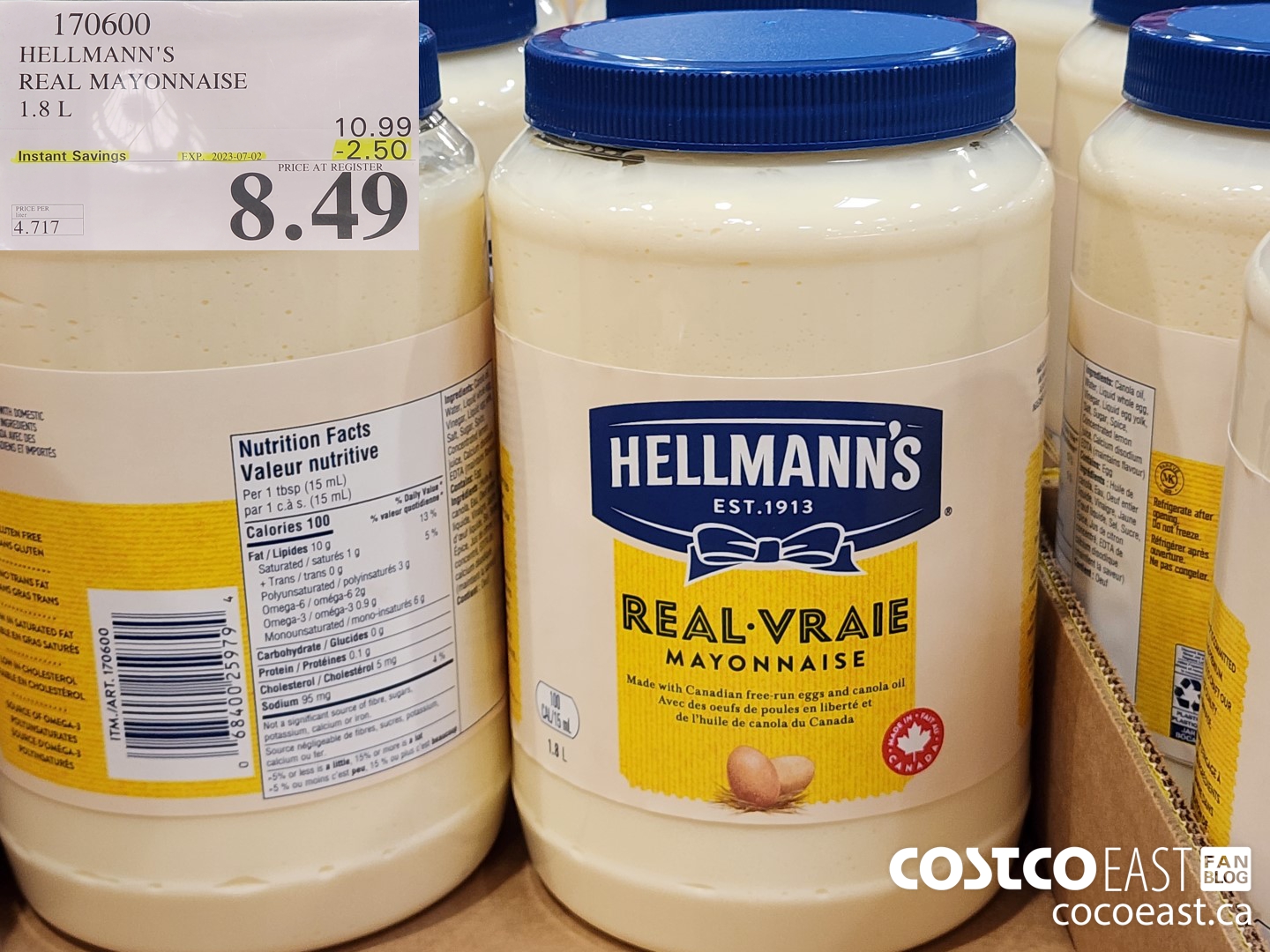 170600 HELLMANN'S REAL MAYONNAISE 1.8 L ($2.50 INSTANT SAVINGS EXPIRES ON 2023-07-02) $8.49