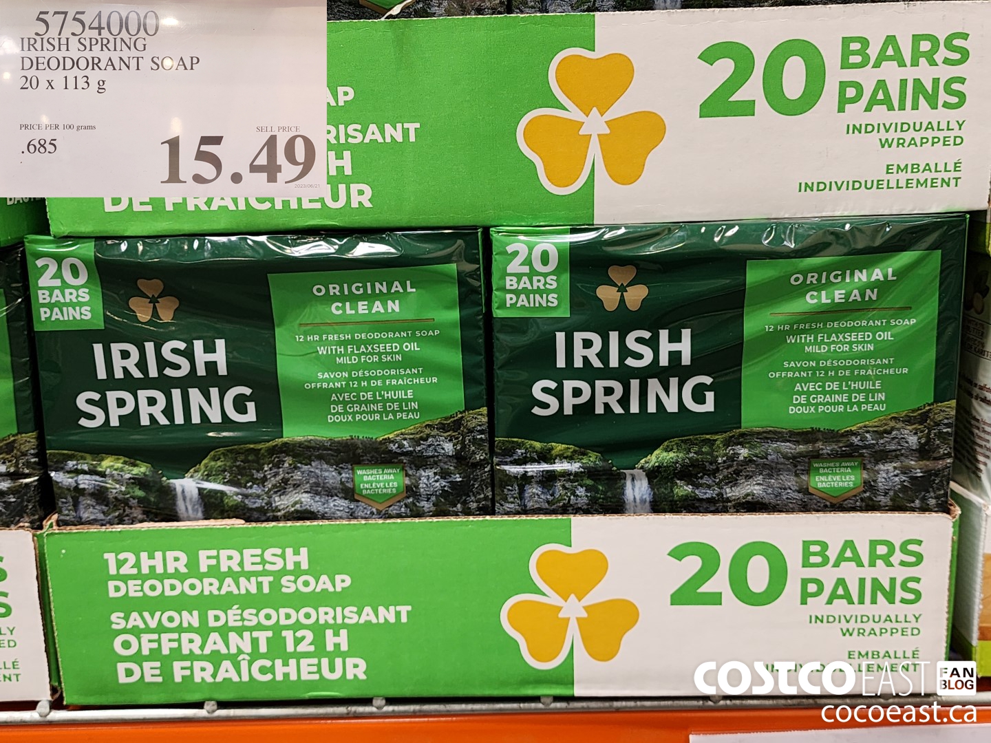 5754000 IRISH SPRING DEODORANT SOAP 20 X 113 G $15.49