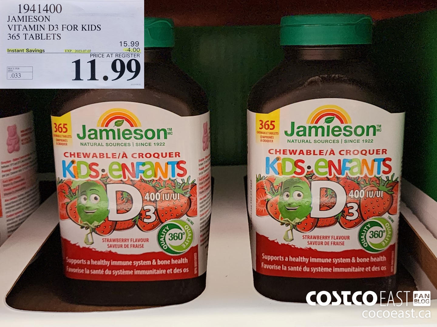 1941400 JAMIESON VITAMIN D3 FOR KIDS 365 TABLETS ($4.00 INSTANT SAVINGS EXPIRES ON 2023-07-02) $11.99