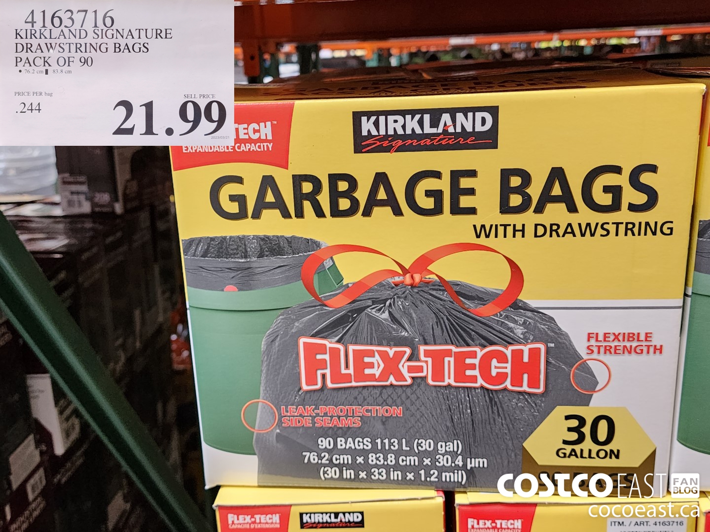 295579 KIRKLAND SIGNATURE LARGE GARBAGE BAGS PACK OF 100 14 49 - Costco  East Fan Blog