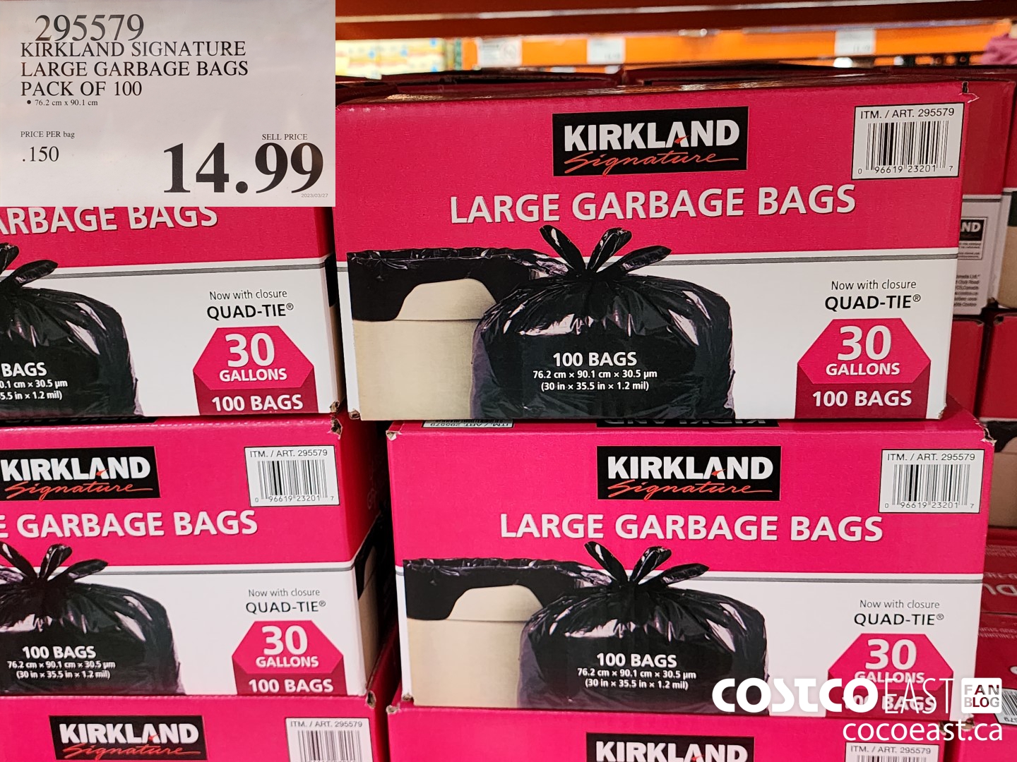 295579 KIRKLAND SIGNATURE LARGE GARBAGE BAGS PACK OF 100 $14.99