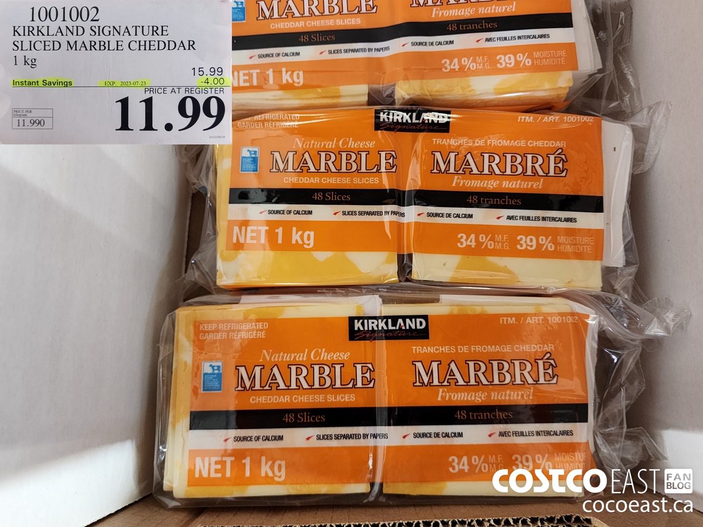 1001002 KIRKLAND SIGNATURE SLICED MARBLE CHEDDAR 1 KG ($4.00 INSTANT SAVINGS EXPIRES ON 2023-07-23) $11.99
