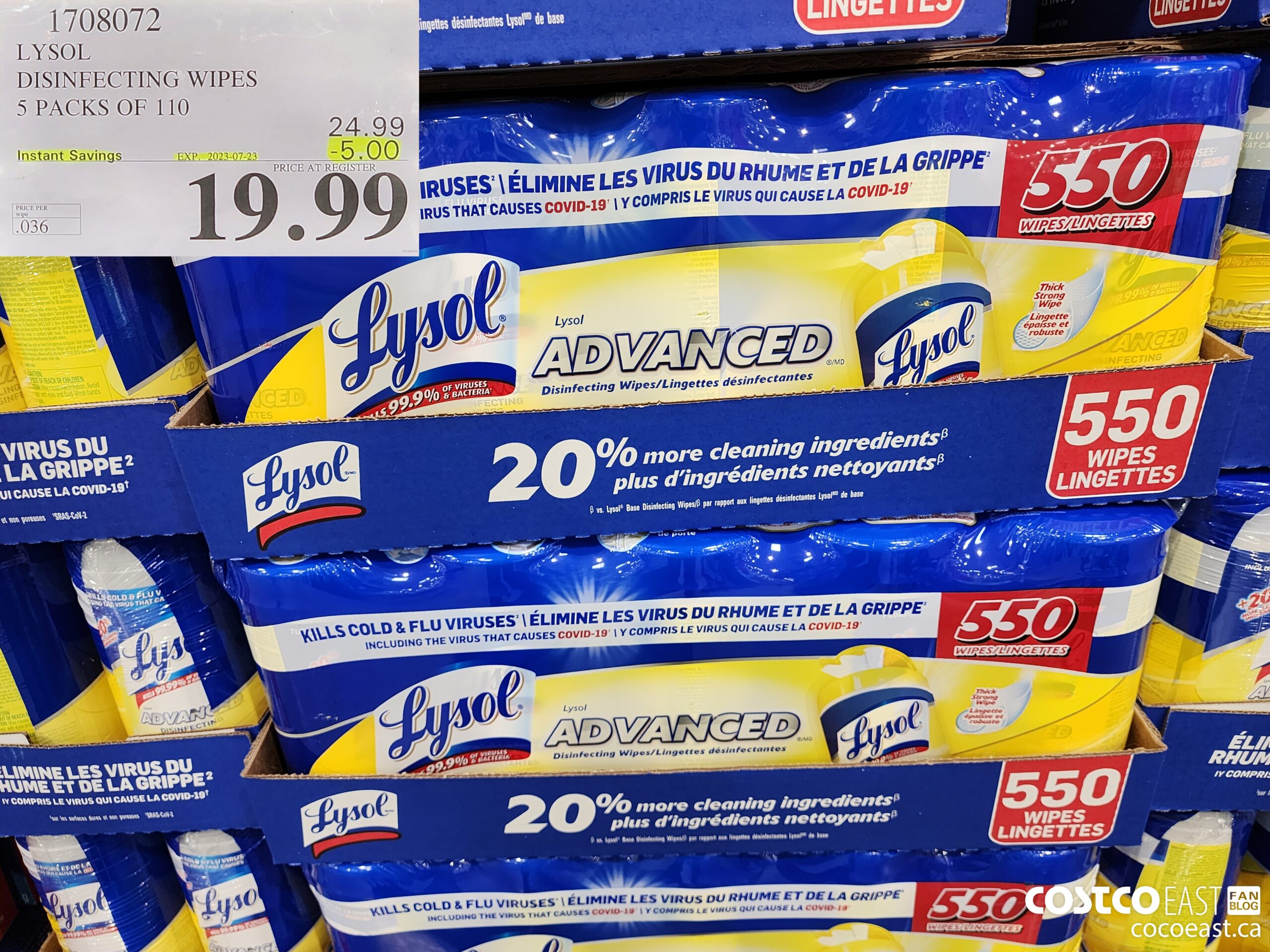 1708072 LYSOL DISINFECTING WIPES 5 PACKS OF 110 ($5.00 INSTANT SAVINGS EXPIRES ON 2023-07-23) $19.99