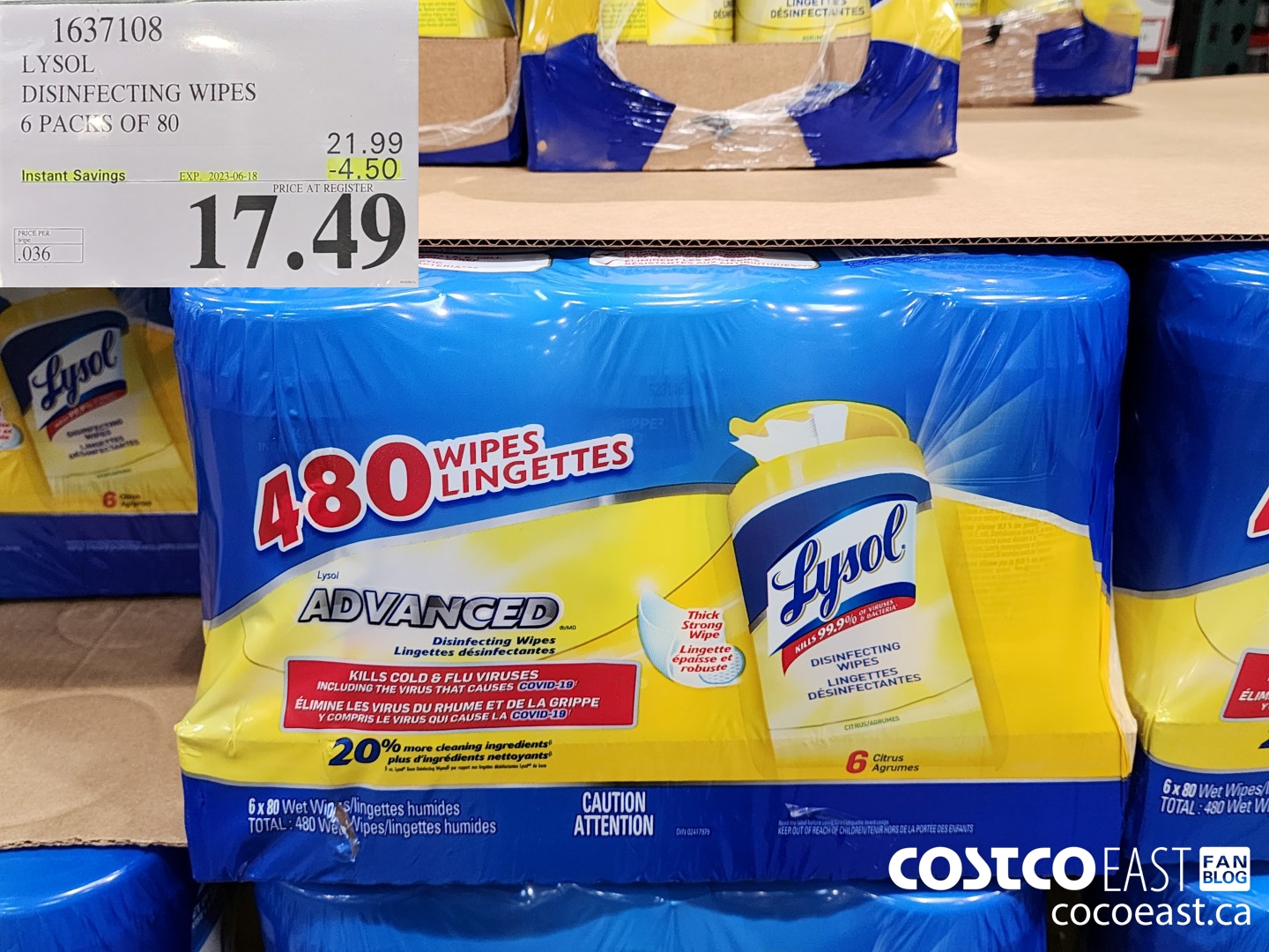 1637108 LYSOL DISINFECTING WIPES 6 PACKS OF 80 ($4.50 INSTANT SAVINGS EXPIRES ON 2023-06-18) $17.49