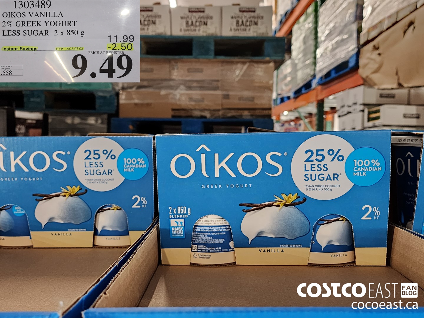 1303489 OIKOS VANILLA 2% GREEK YOGURT LESS SUGAR 2 x 850g ($2.50 INSTANT SAVINGS EXPIRES ON 2023-07-02) $9.49
