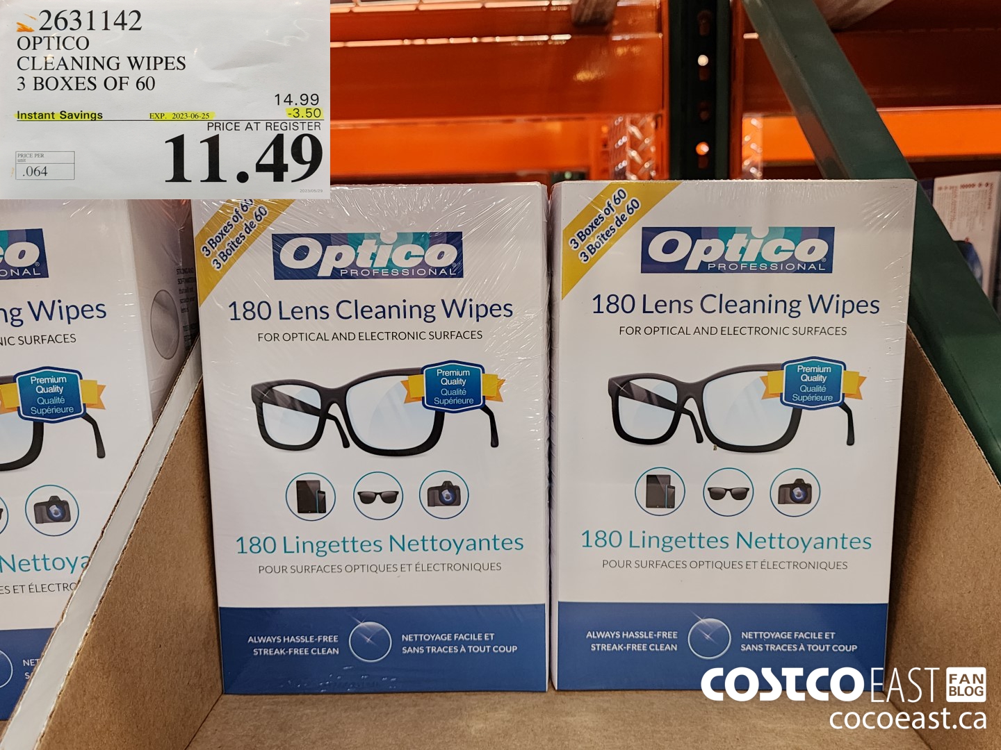 2631142 OPTICO CLEANING WIPES 3 BOXES OF 60 ($3.50 INSTANT SAVINGS EXPIRES ON 2023-06-25) $11.49