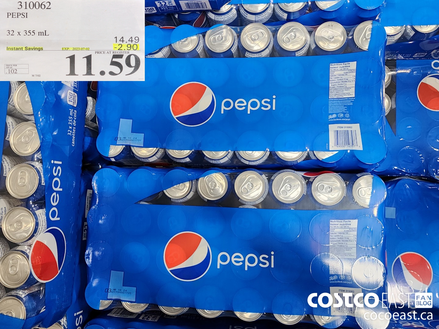 310062 PEPSI 32 X 355 ML ($2.90 INSTANT SAVINGS EXPIRES ON 2023-07-02) $11.59