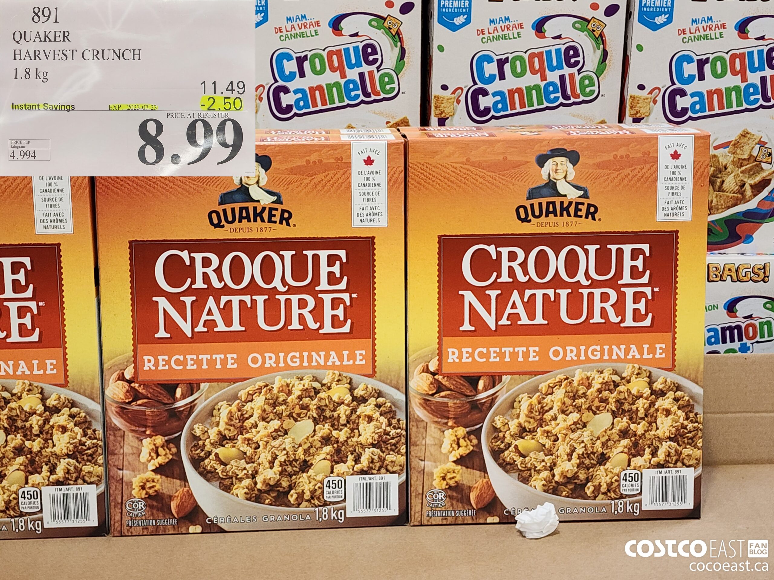891 QUAKER HARVEST CRUNCH 1.8 KG ($2.50 INSTANT SAVINGS EXPIRES ON 2023-07-23) $8.99