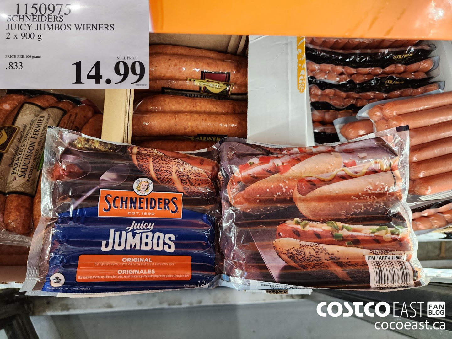 1150975 SCHNEIDERS JUICY JUMBOS WIENERS 2 x 900 g $14.99