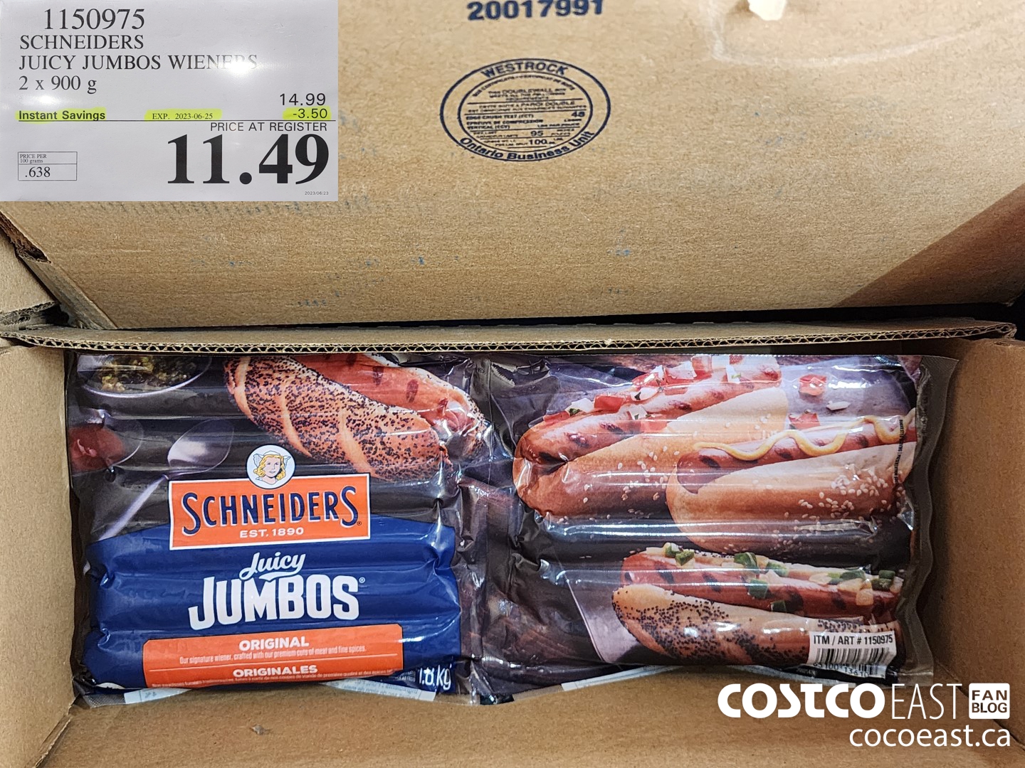 1150975 SCHNEIDERS JUICY JUMBOS WIENERS 2 x 900 g ($3.50 INSTANT SAVINGS EXPIRES ON 2023-06-25) $11.49