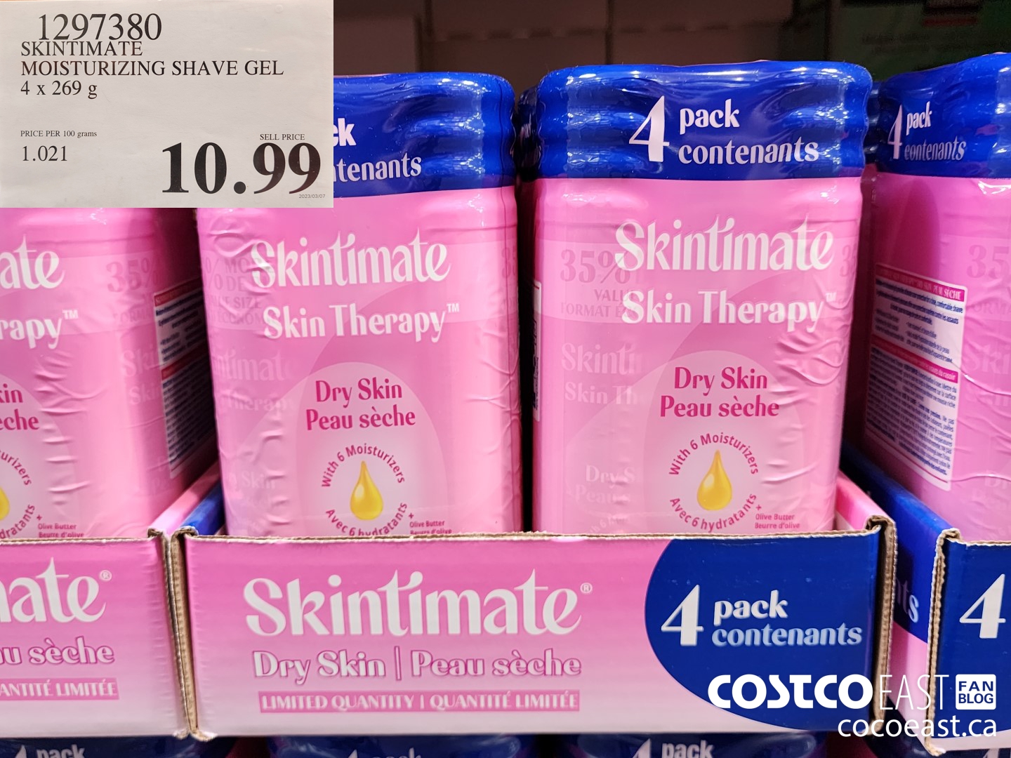 1297380 SKINTIMATE MOISTURIZING SHAVE GEL 4 x 269 g $10.99