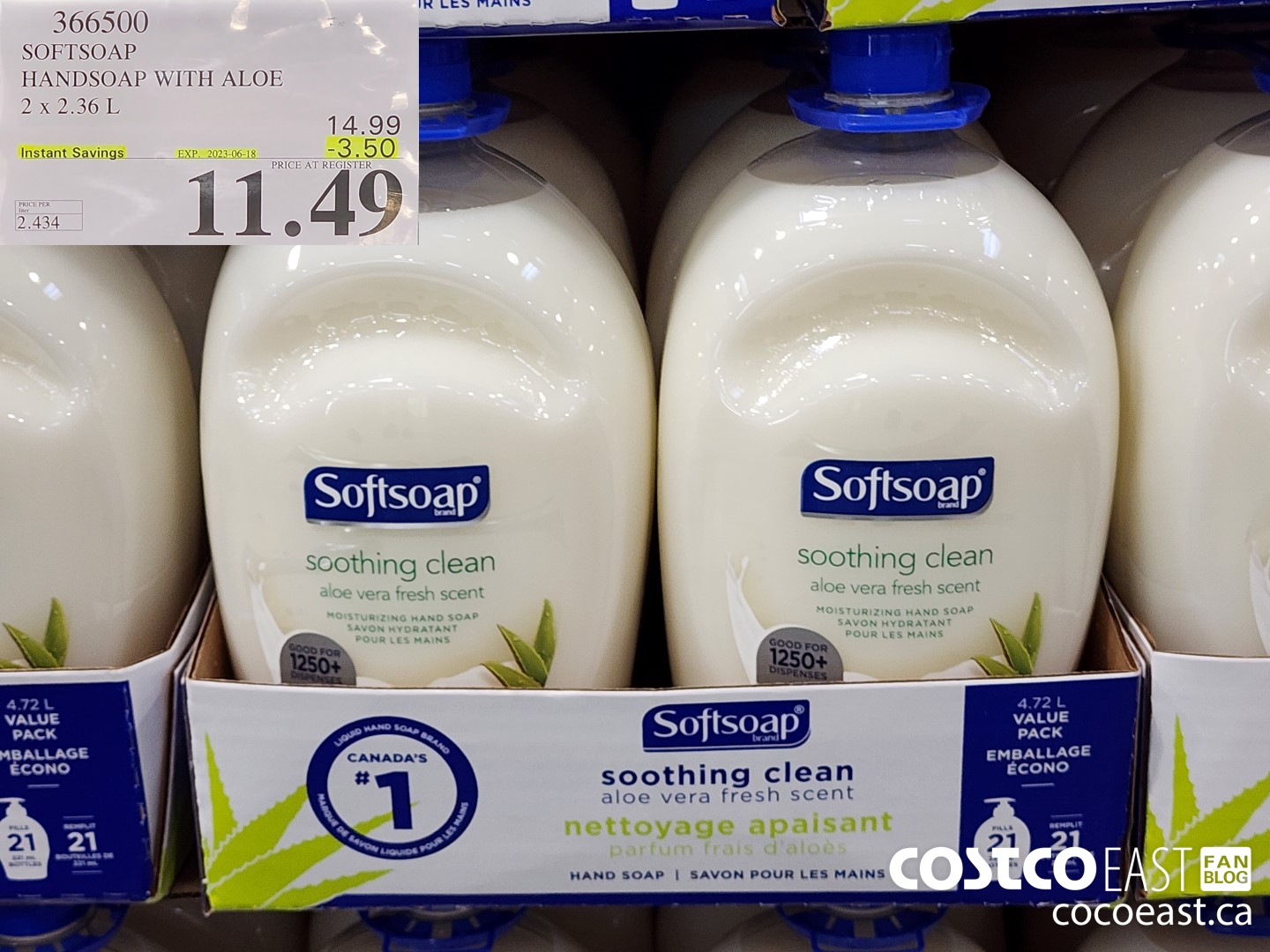 366500 SOFTSOAP HANDSOAP WITH ALOE 2 X 2.36 L ($3.50 INSTANT SAVINGS EXPIRES ON 2023-06-18) $11.49