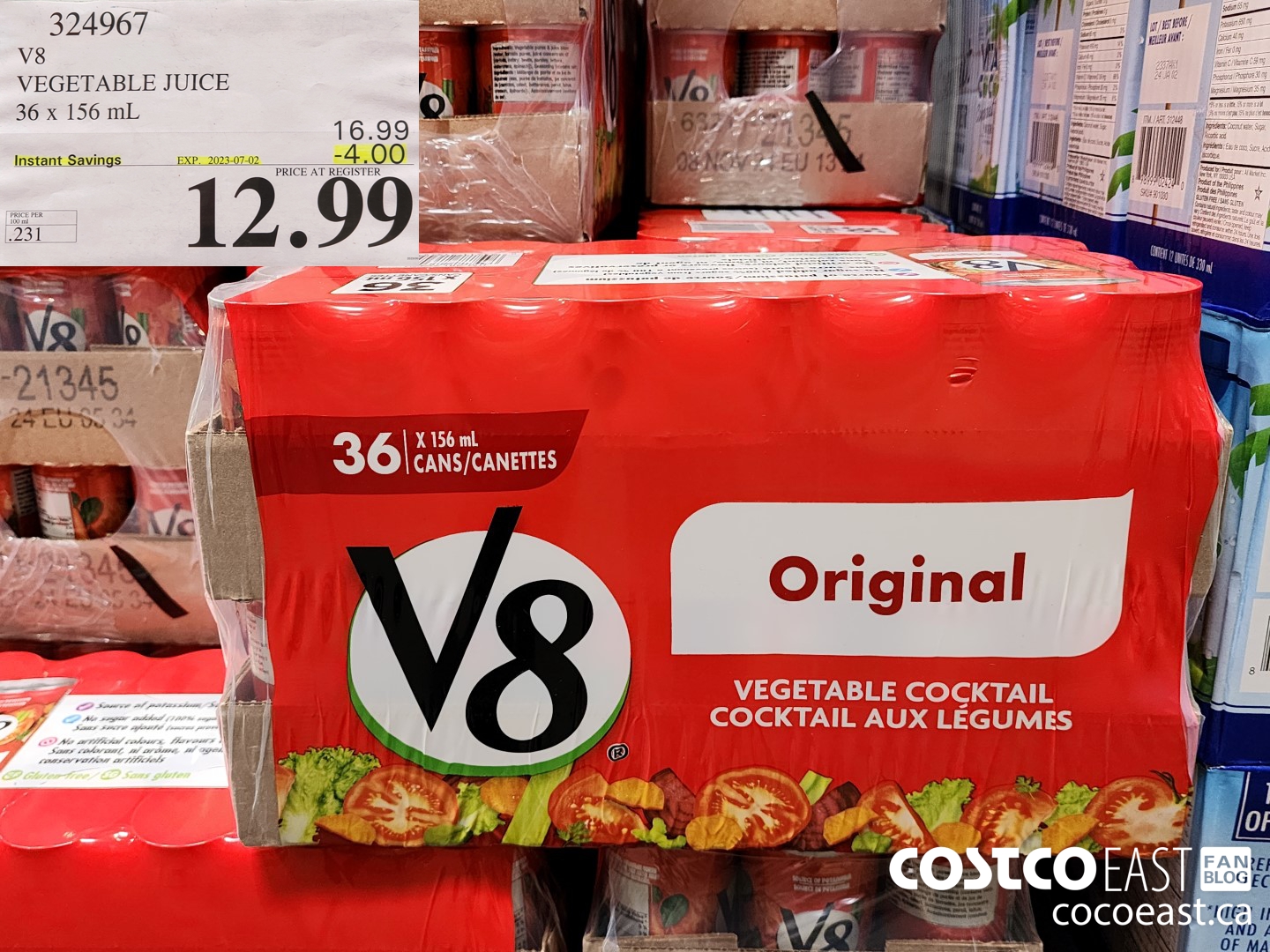 324967 V8 VEGETABLE JUICE 36 x 156 mL 2023-07-02 ($4.00 INSTANT SAVINGS EXPIRES ON 2023-07-02) $12.99