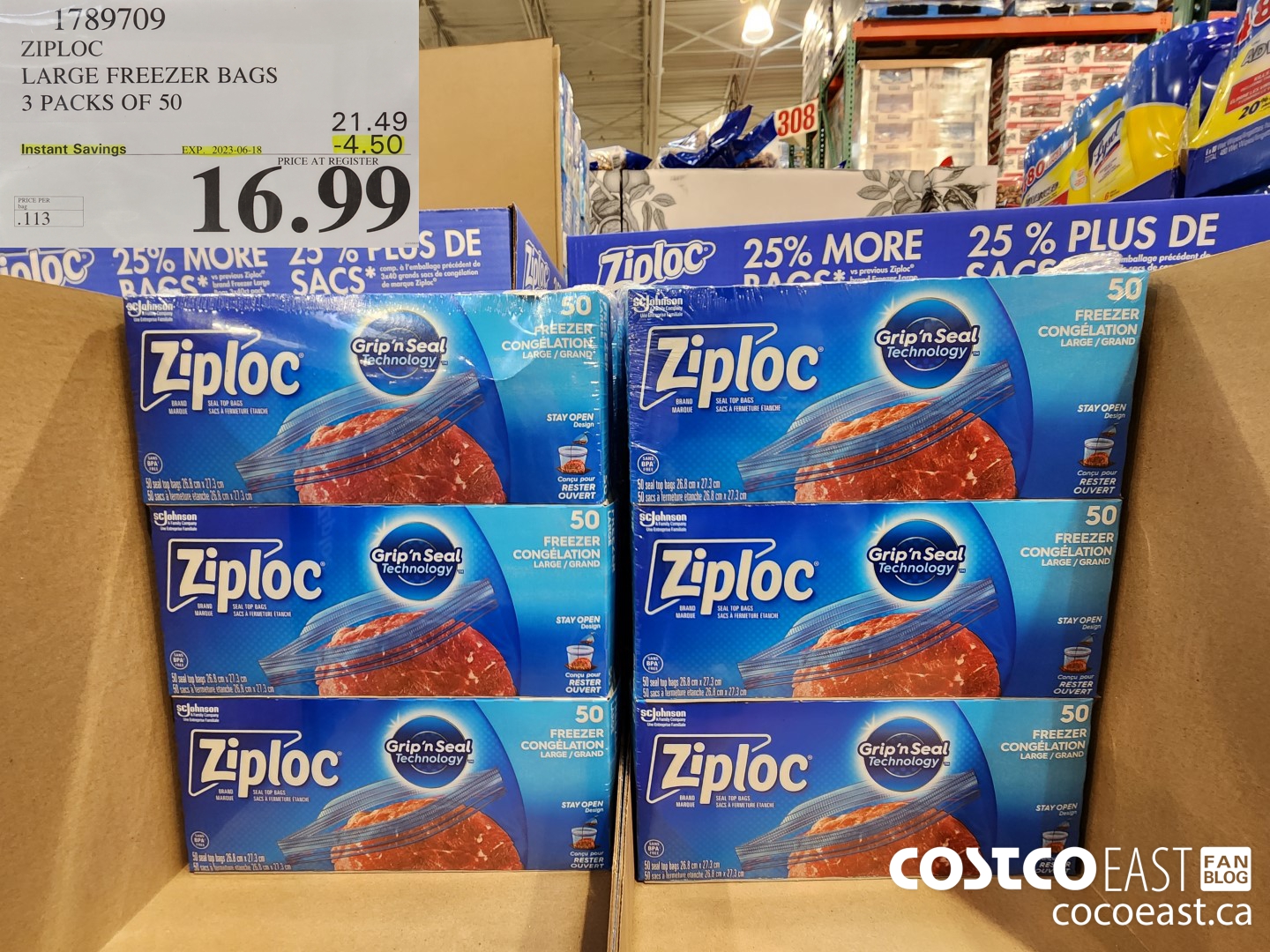 1789709 ZIPLOC LARGE FREEZER BAGS 3 PACKS OF BAGS 50 ($4.50 INSTANT SAVINGS EXPIRES ON 2023-06-18) $16.99