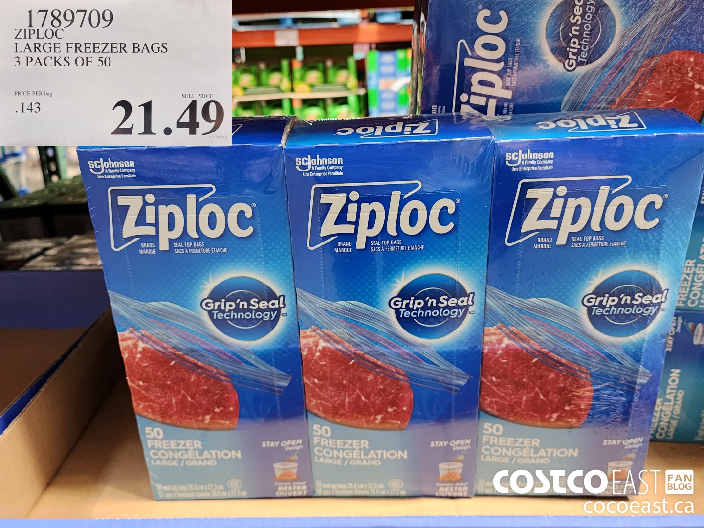 1789709 ZIPLOC LARGE FREEZER BAGS 3 PACKS OF BAGS 50 $21.49