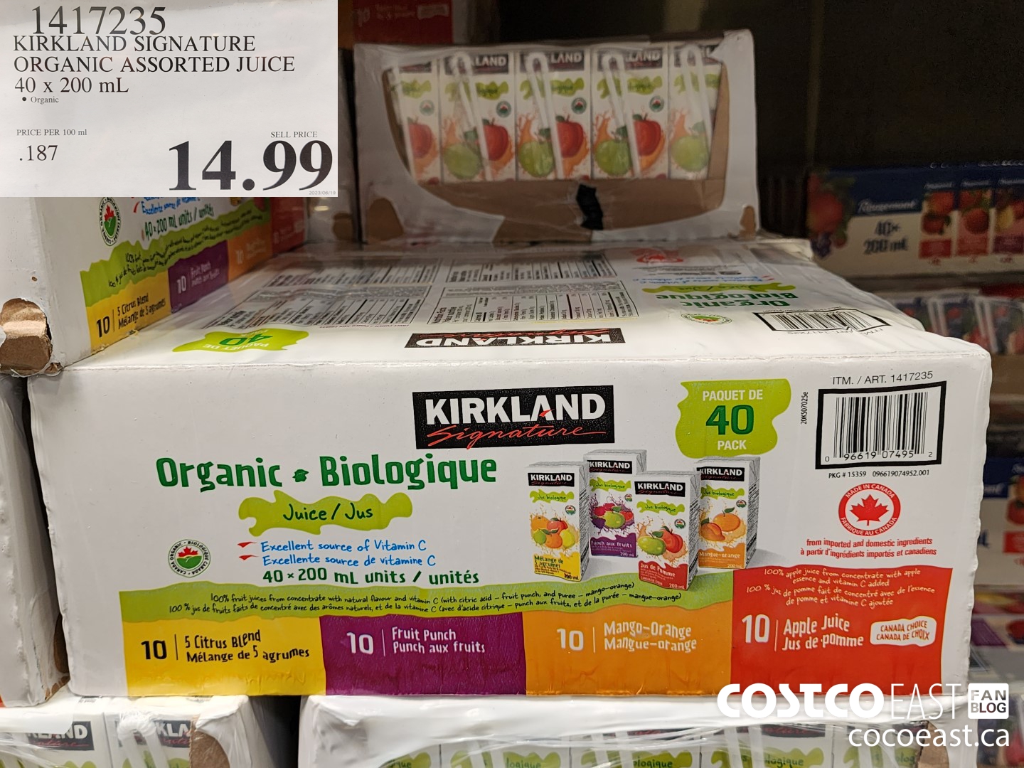 1417235 KIRKLAND SIGNATURE ORGANIC ASSORTED JUICE 40 x 200 mL $14.99