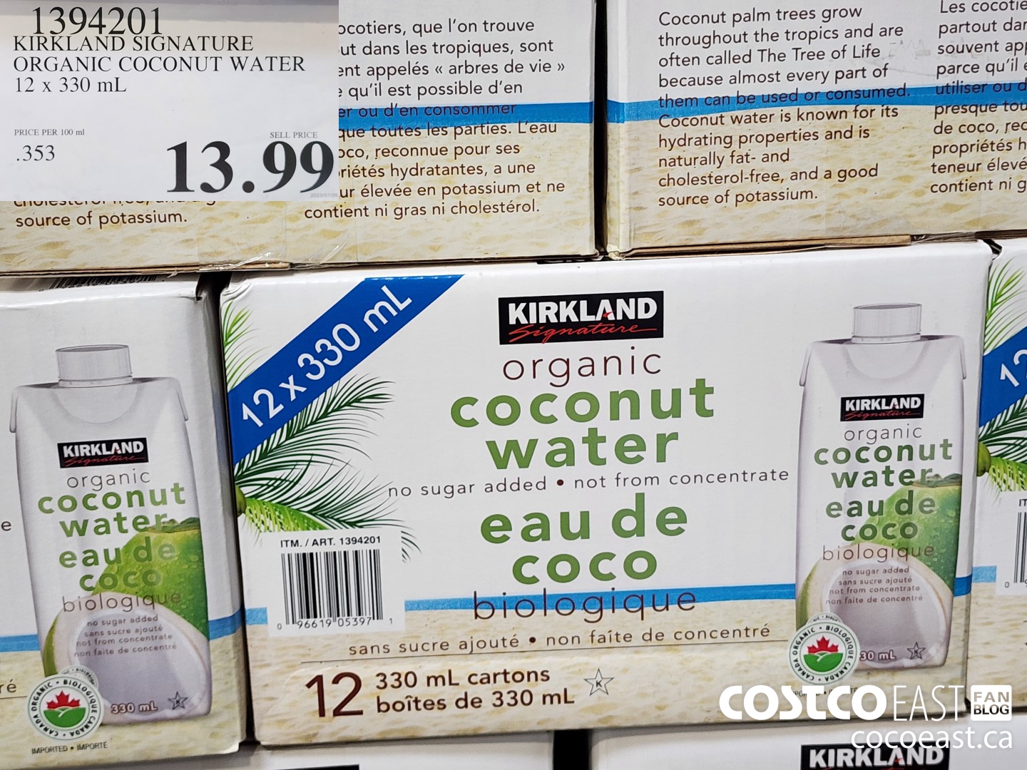 1394201 KIRKLAND SIGNATURE ORGANIC COCONUT WATER 12 X 330 ML $13.99