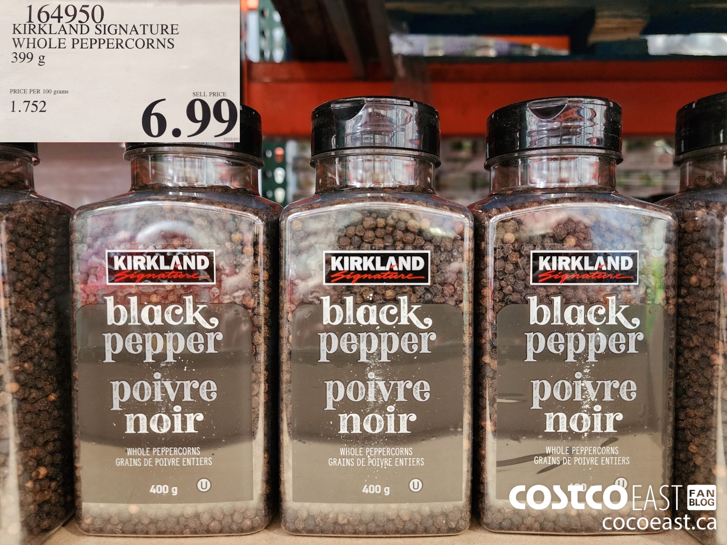 164950 KIRKLAND SIGNATURE WHOLE BLACK PEPPERCORNS 399 G $6.99