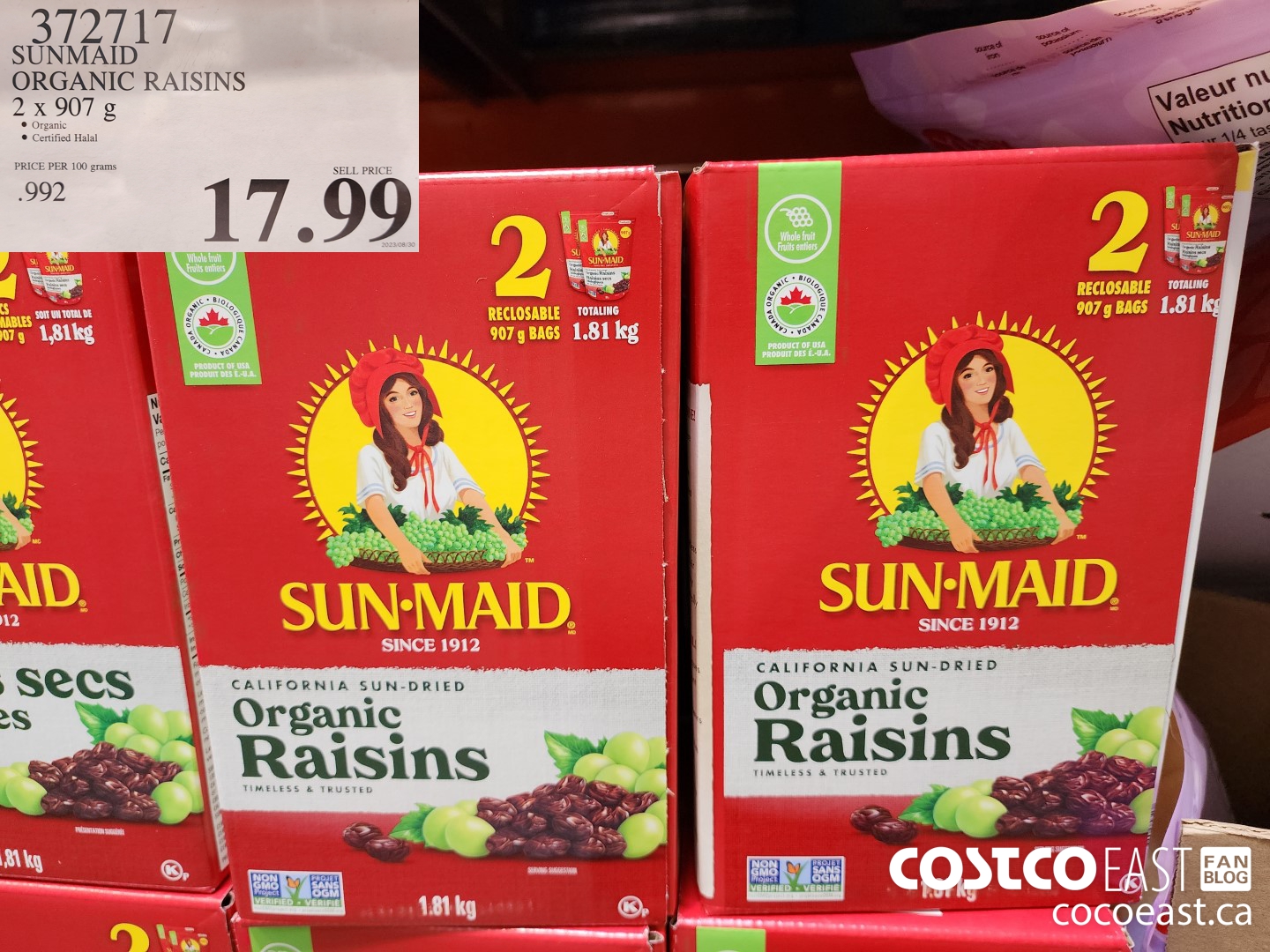 372717 SUNMAID ORGANIC RAISINS 2 x 907 g $17.99