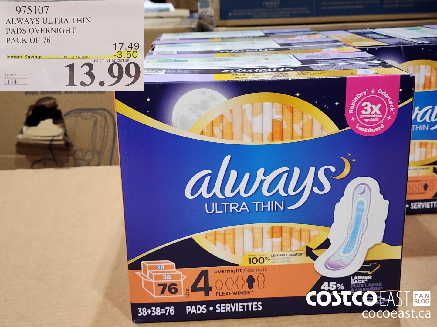 975107 ALWAYS ULTRA THIN PADS OVERNIGHT PACK OF 76 ($3.50 INSTANT SAVINGS EXPIRES ON 2023-10-01) $13.99