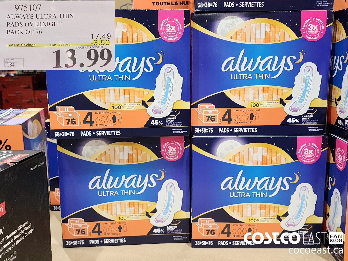 975107 ALWAYS ULTRA THIN PADS OVERNIGHT PACK OF 76 ($3.50 INSTANT SAVINGS EXPIRES ON 2023-10-01) $13.99