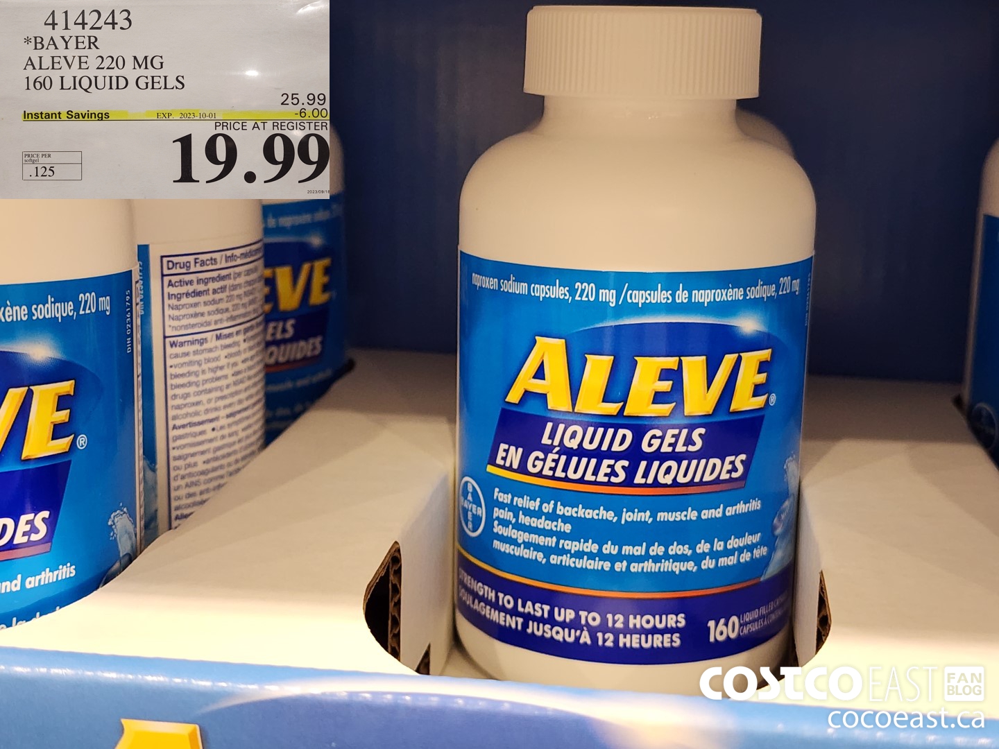 414243 BAYER ALEVE 220 MG 160 LIQUID GELS ($6.00 INSTANT SAVINGS EXPIRES ON 2023-10-01) $19.99