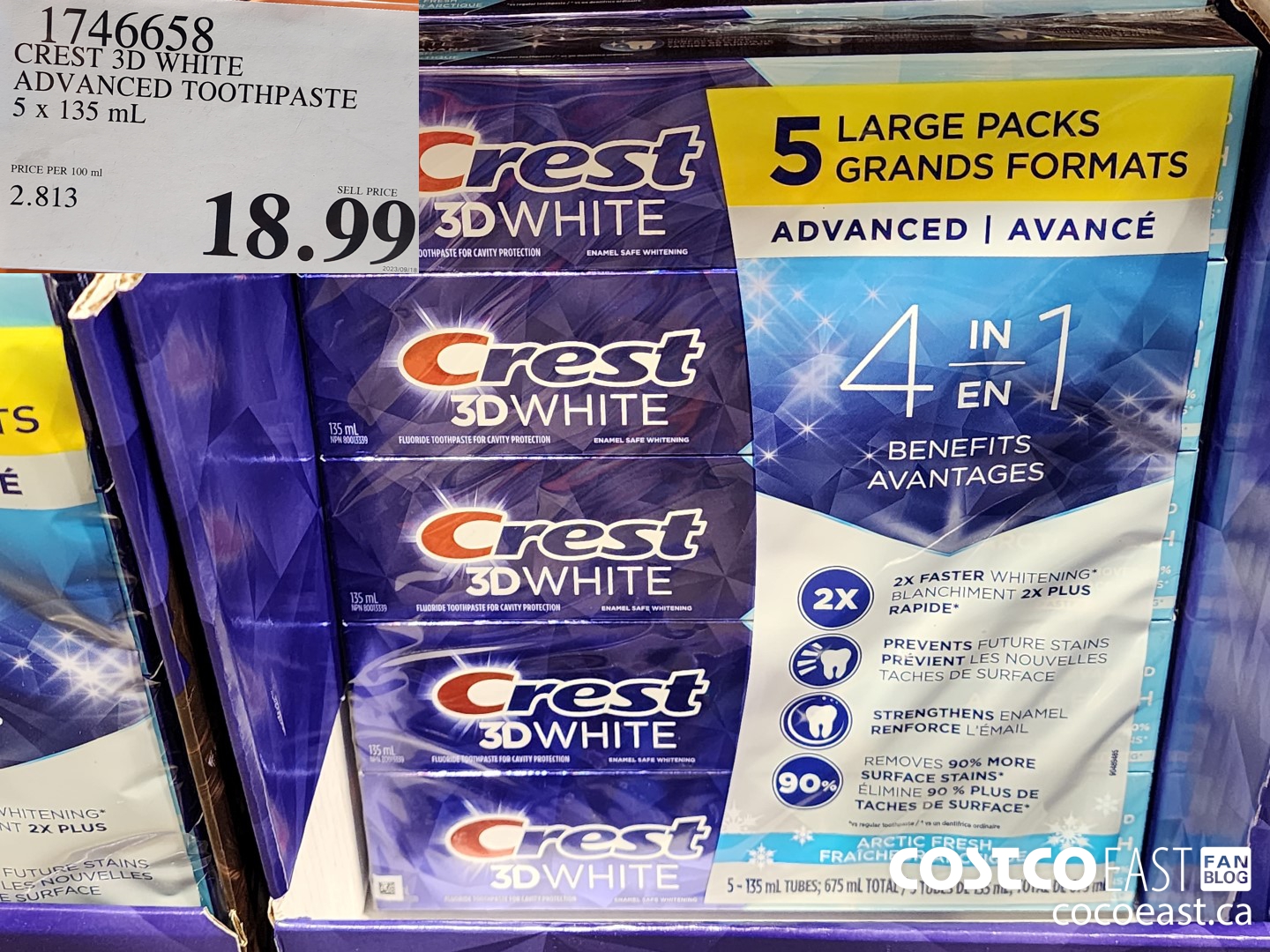 1746658 CREST 3D WHITE ADVANCED TOOTHPASTE 5 x 135 mL $18.99