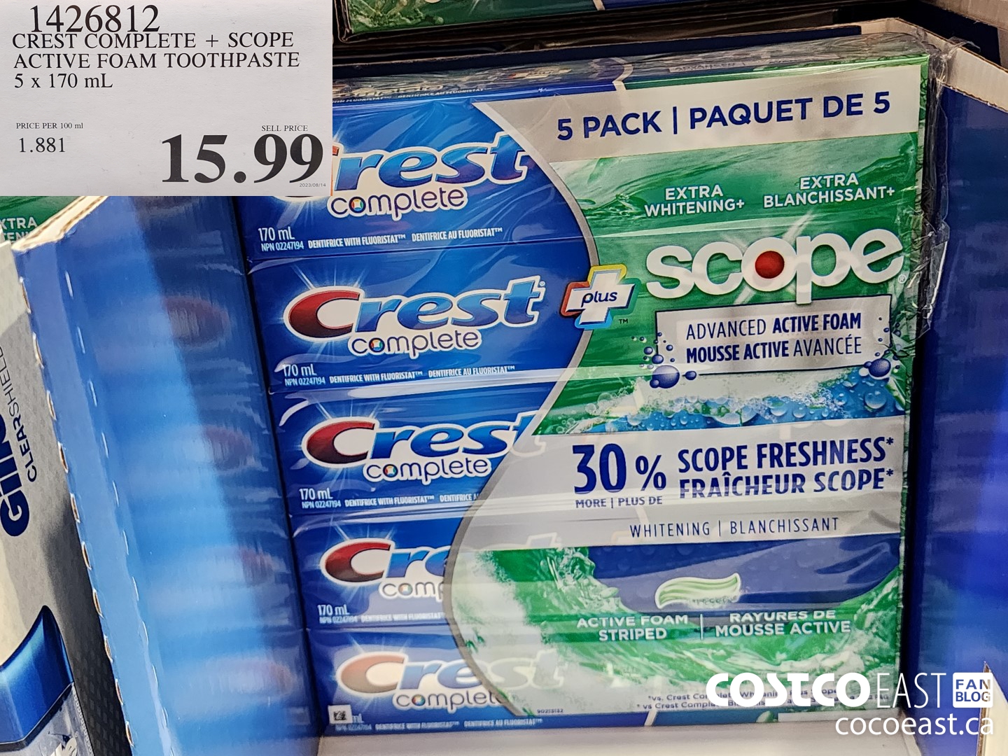 1426812 CREST COMPLETE + SCOPE ACTIVE FOAM TOOTHPASTE 5 X 170 ML $15.99