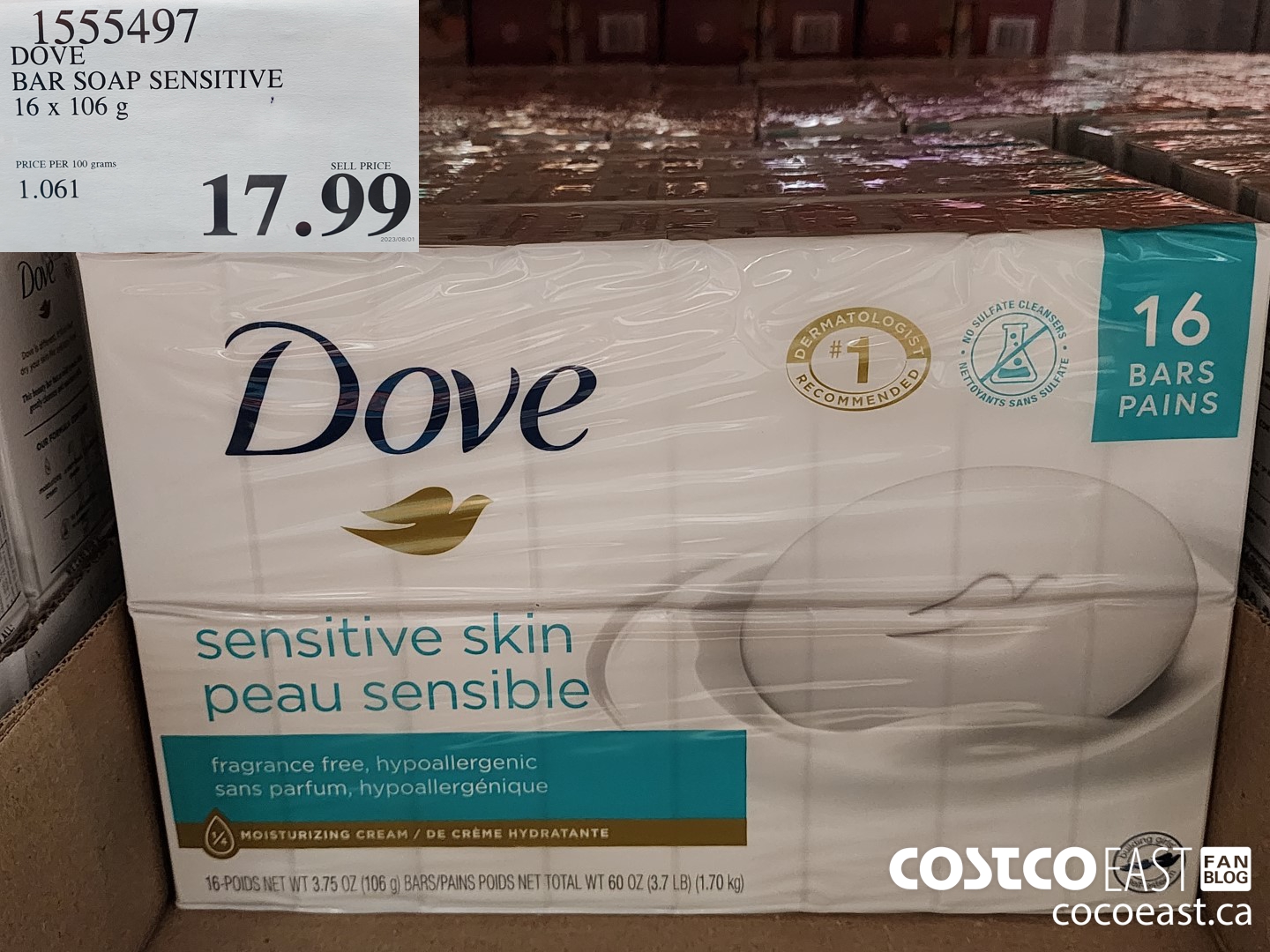 1555497 DOVE BAR SOAP SENSITIVE SKIN 16 x 106 g $17.99
