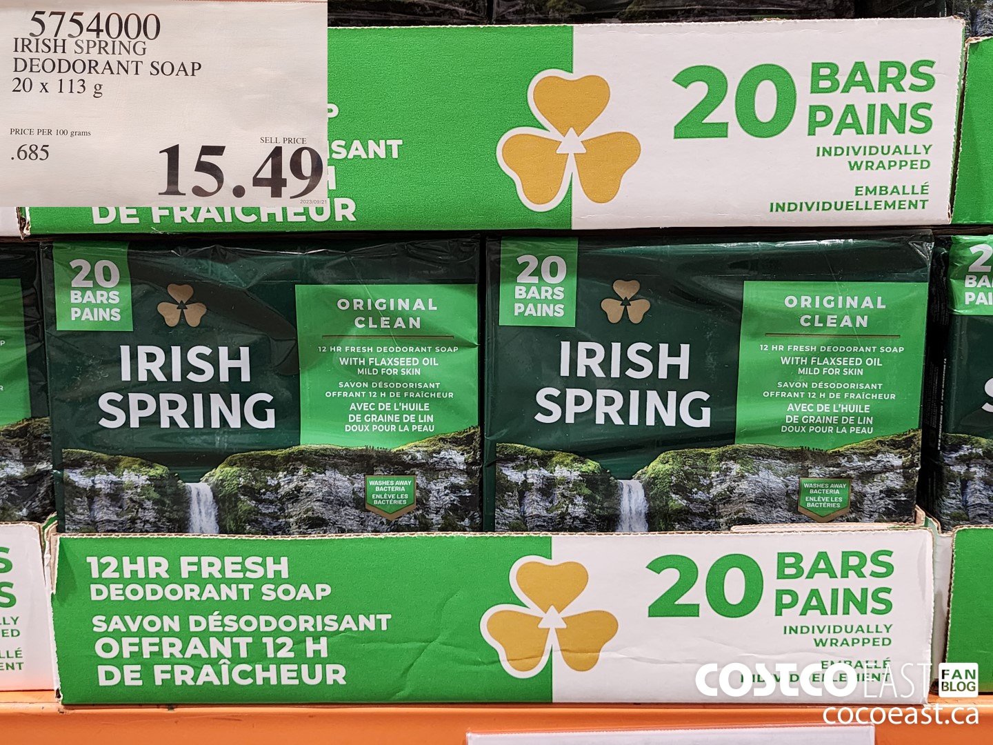 5754000 IRISH SPRING DEODORANT SOAP 20 X 113 G $15.49