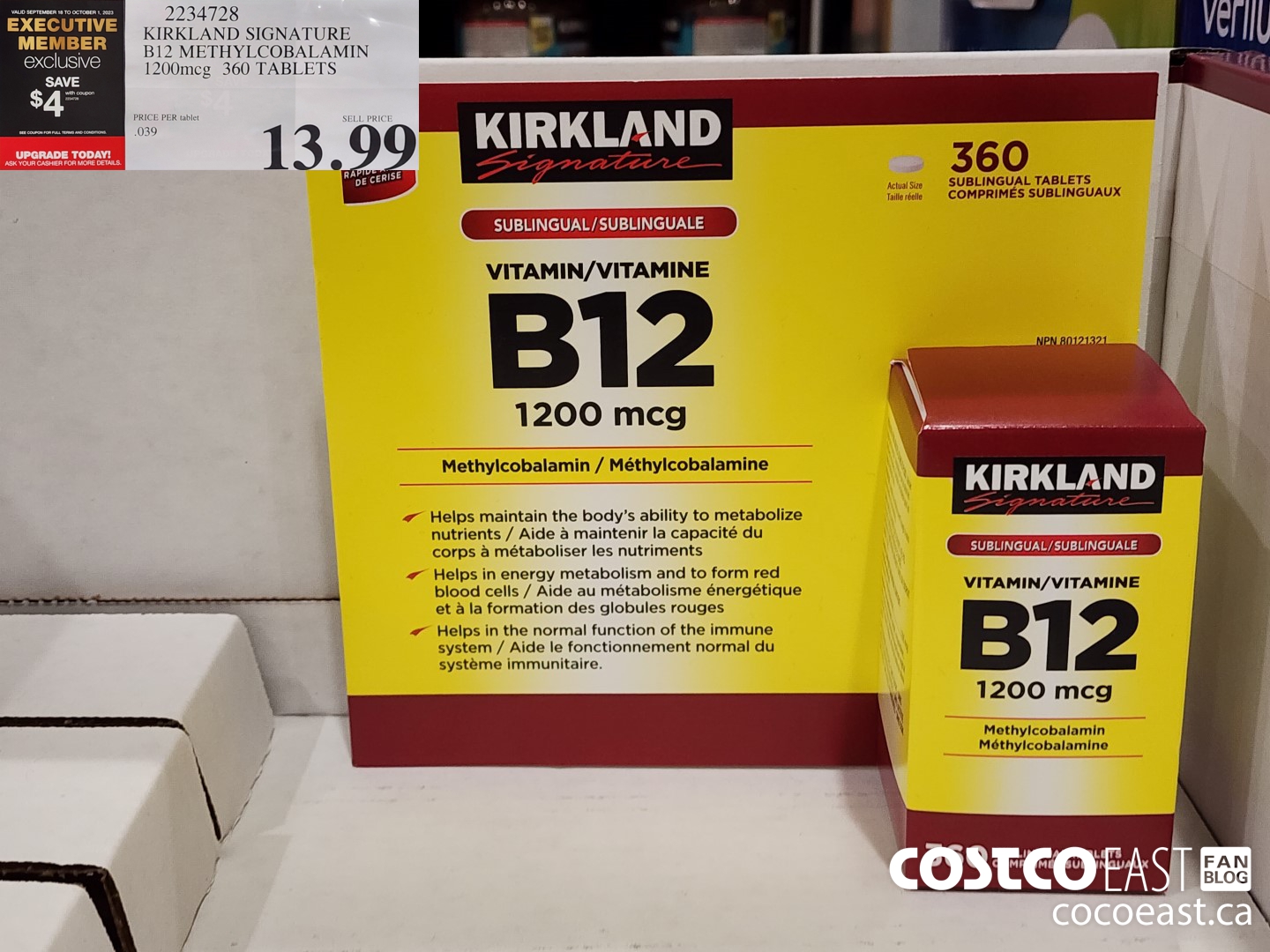 2234728 KIRKLAND SIGNATURE B12 METHYLCOBALAMIN 1200mcg 360 TABLETS ($4.00 INSTANT SAVINGS EXPIRES ON 2023-10-01) $9.99