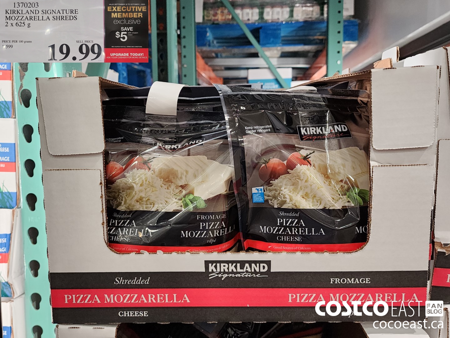 1370203 KIRKLAND SIGNATURE MOZZARELLA SHREDS 2 X 625G 20023-10-01 ($5.00 INSTANT SAVINGS) $14.99