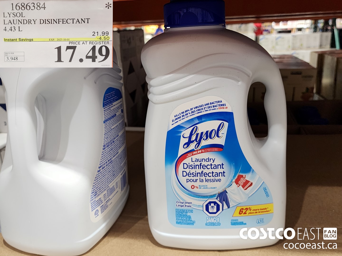 1686384 LYSOL LAUNDRY DISINFECTANT 4.43L ($4.50 INSTANT SAVINGS EXPIRES ON 2023-10-01) $17.49