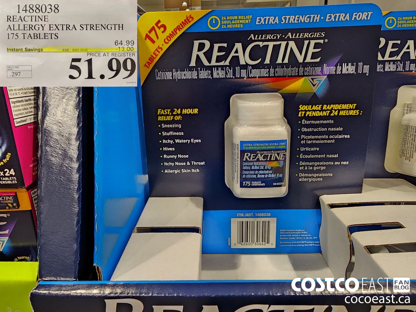 1488038 REACTINE ALLERGY EXTRA STRENGTH 175 TABLETS ($13.00 INSTANT SAVINGS EXPIRES ON 2023-10-01) $51.99