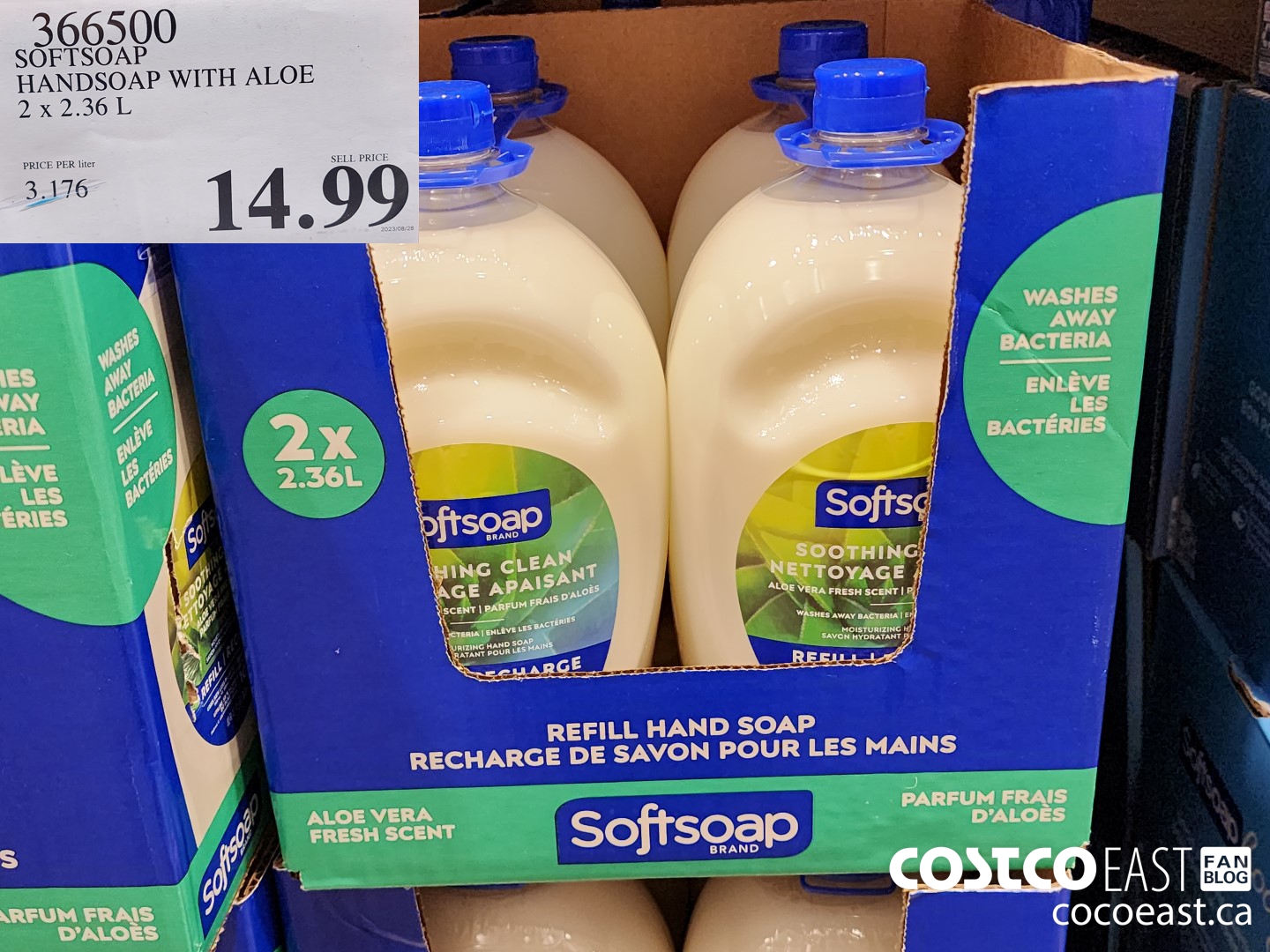 366500 SOFTSOAP HANDSOAP WITH ALOE 2 X 2.36 L $14.99