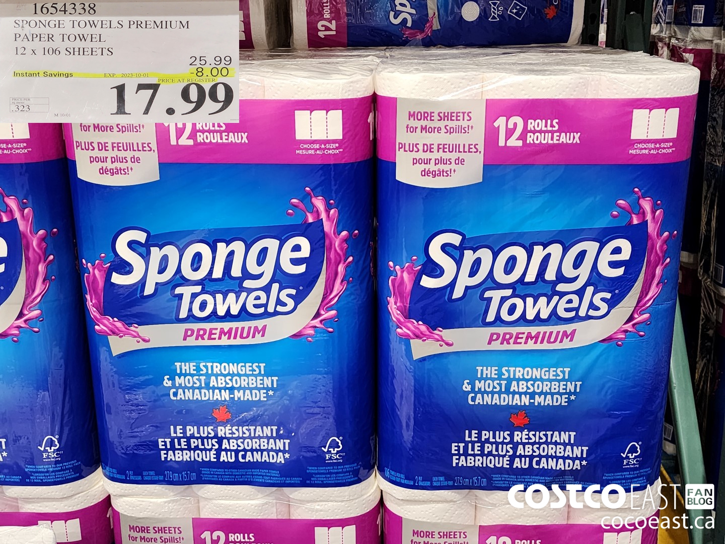 1654338 SPONGE TOWELS PREMIUM PAPER TOWEL 12 x 106 SHEETS ($8.00 INSTANT SAVINGS EXPIRES ON 2023-10-01) $17.99