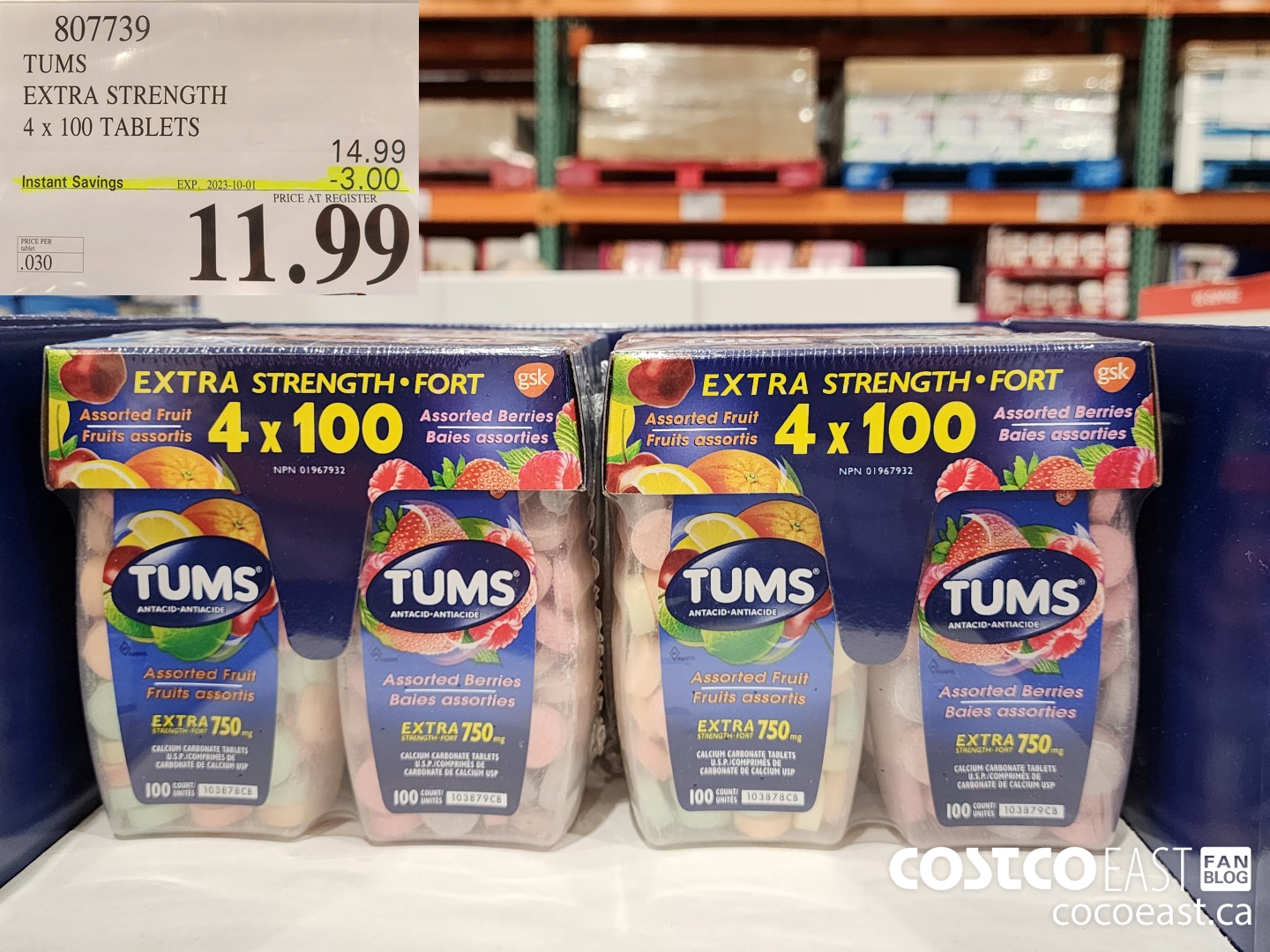 807739 TUMS EXTRA STRENGTH 4 x 100 TABLETS ($3.00 INSTANT SAVINGS EXPIRES ON 2023-10-01) $11.99