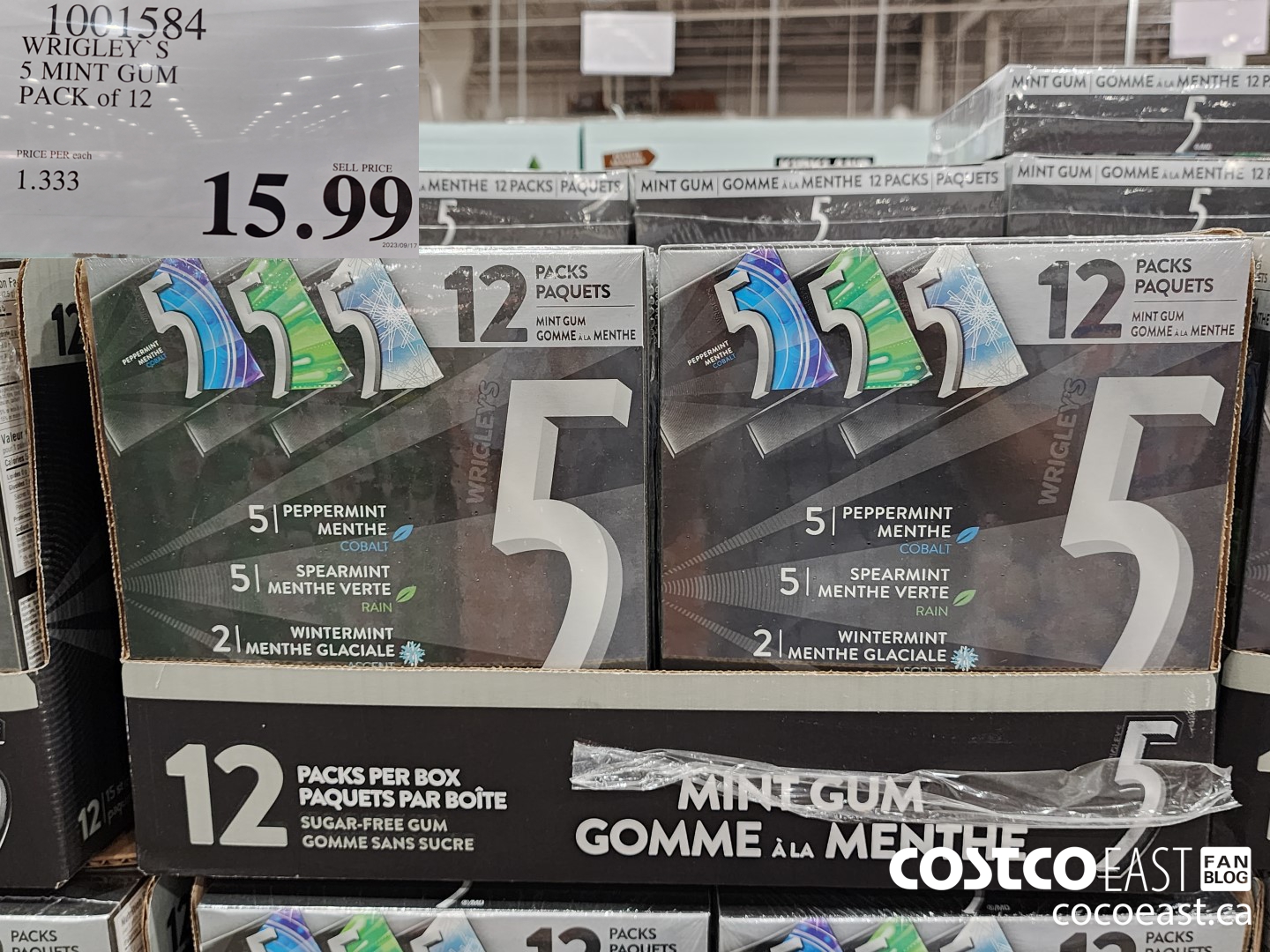 1001584 WRIGLEY'S 5 MINT GUM PACK OF 12 $15.99