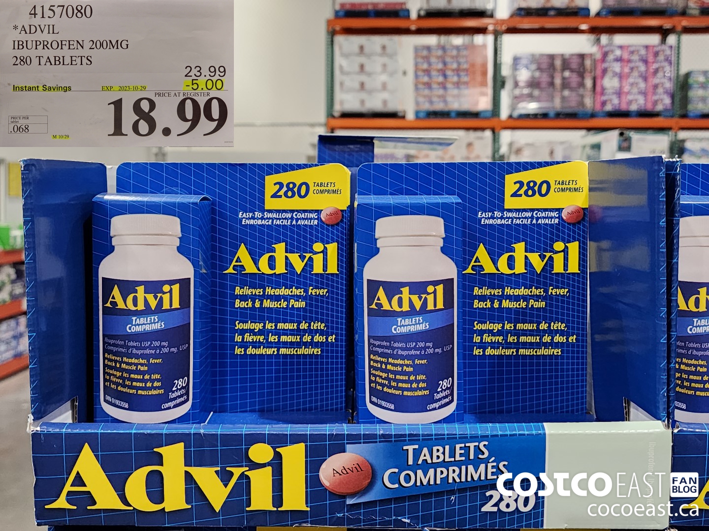 4157080 ADVIL IBUPROFEN 200MG 280 TABLETS ($5.00 INSTANT SAVINGS EXPIRES ON 2023-10-29) $18.99