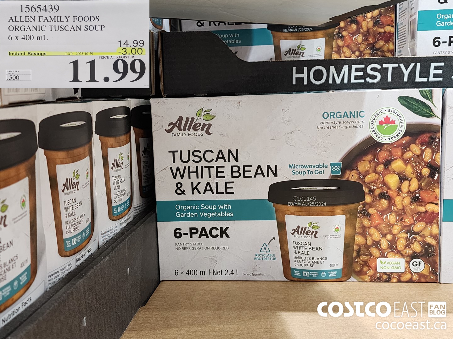 1565439 ALLEN FAMILY FOODS ORGANIC TUSCAN SOUP 6 x 400 mL ($3.00 INSTANT SAVINGS EXPIRES ON 2023-10-29) $11.99