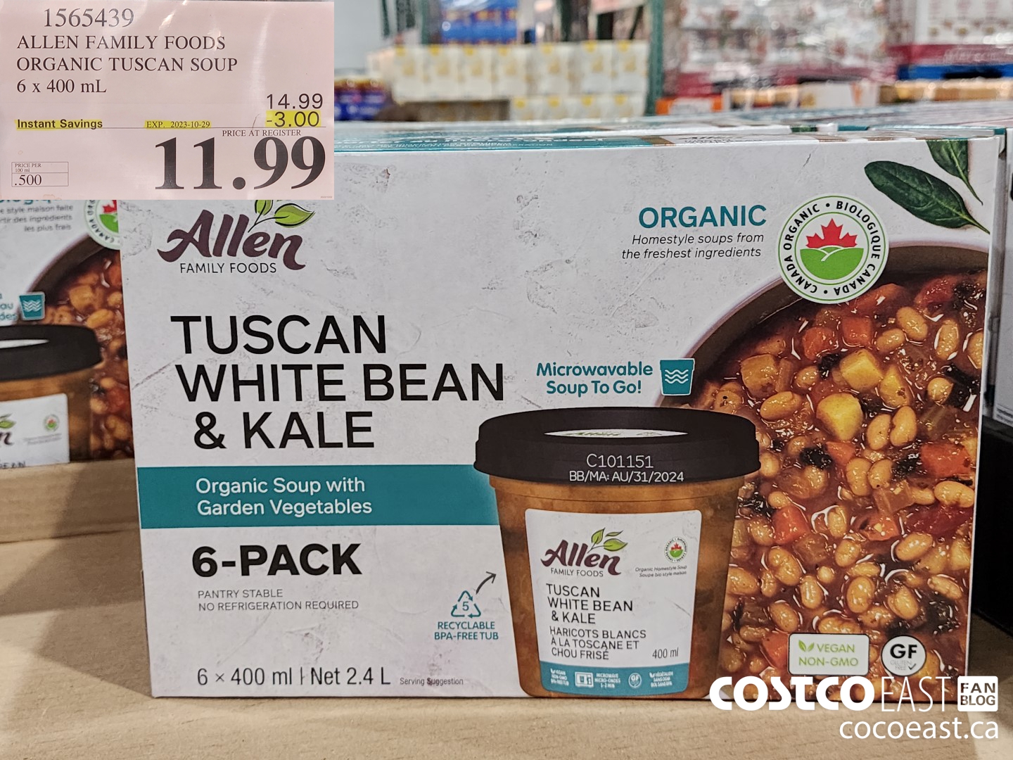 1565439 ALLEN FAMILY FOODS ORGANIC TUSCAN SOUP 6 x 400 mL ($3.00 INSTANT SAVINGS EXPIRES ON 2023-10-29) $11.99