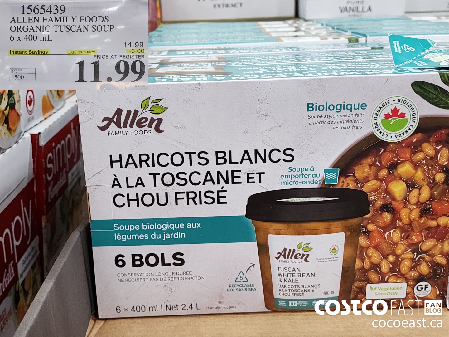 1565439 ALLEN FAMILY FOODS ORGANIC TUSCAN SOUP 6 x 400 mL ($3.00 INSTANT SAVINGS EXPIRES ON 2023-10-29) $11.99