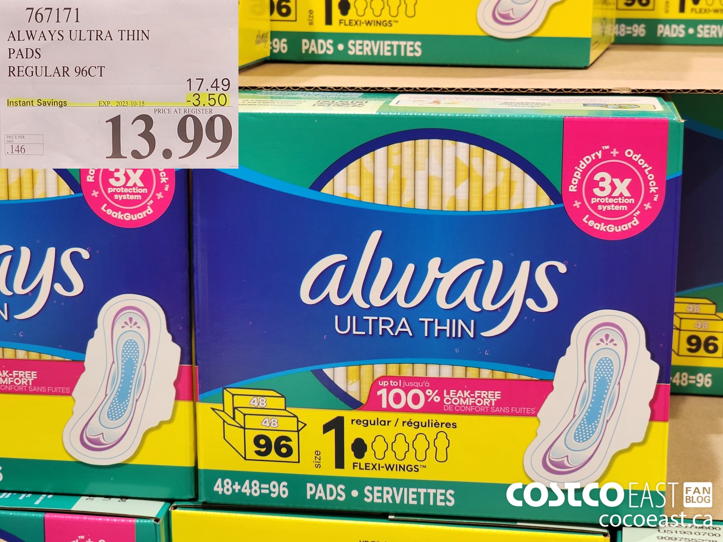 767171 ALWAYS ULTRA THIN PADS REGULAR 96CT ($3.50 INSTANT SAVINGS EXPIRES ON 2023-10-15) $13.99