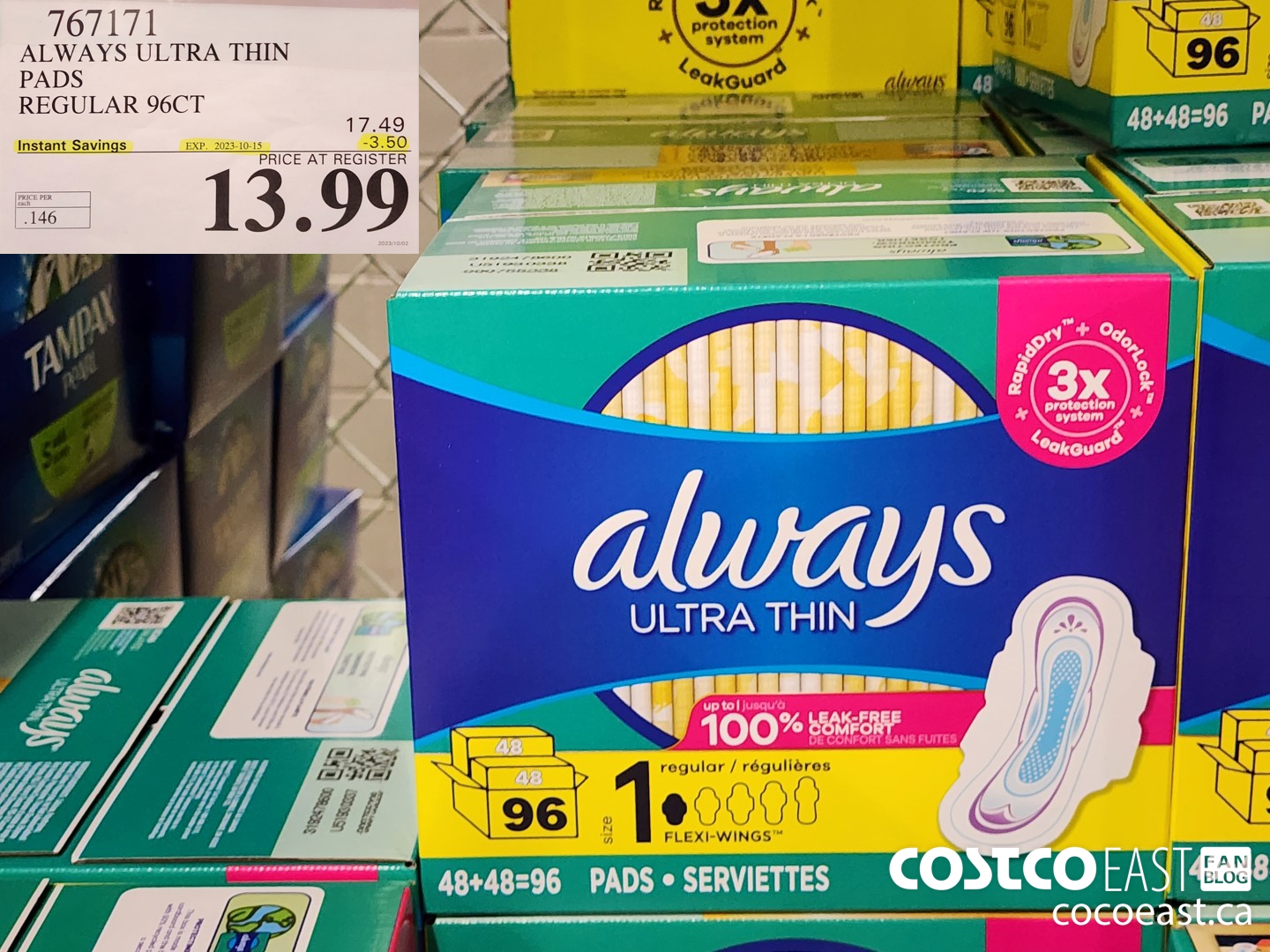 767171 ALWAYS ULTRA THIN PADS REGULAR 96CT ($3.50 INSTANT SAVINGS EXPIRES ON 2023-10-15) $13.99