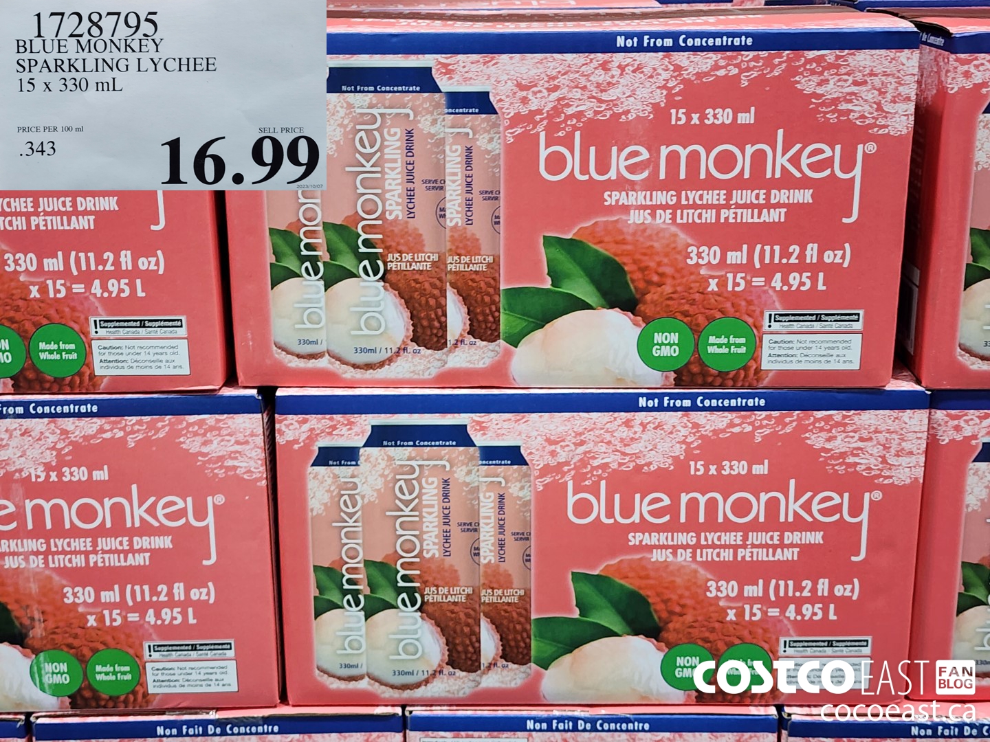 1728795 BLUE MONKEY SPARKLING LYCHEE 15 x 330 mL $16.99