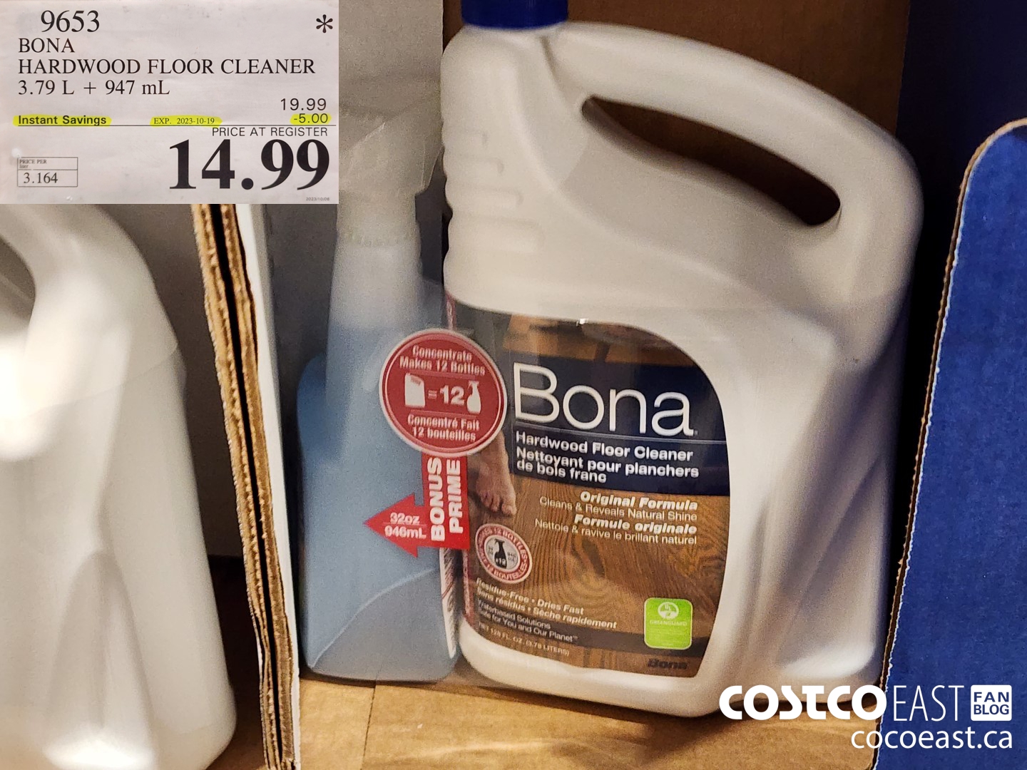 9653 BONA HARDWOOD FLOOR CLEANER 3.79L + 947ML ($5.00 INSTANT SAVINGS EXPIRES ON 2023-10-19) $14.99