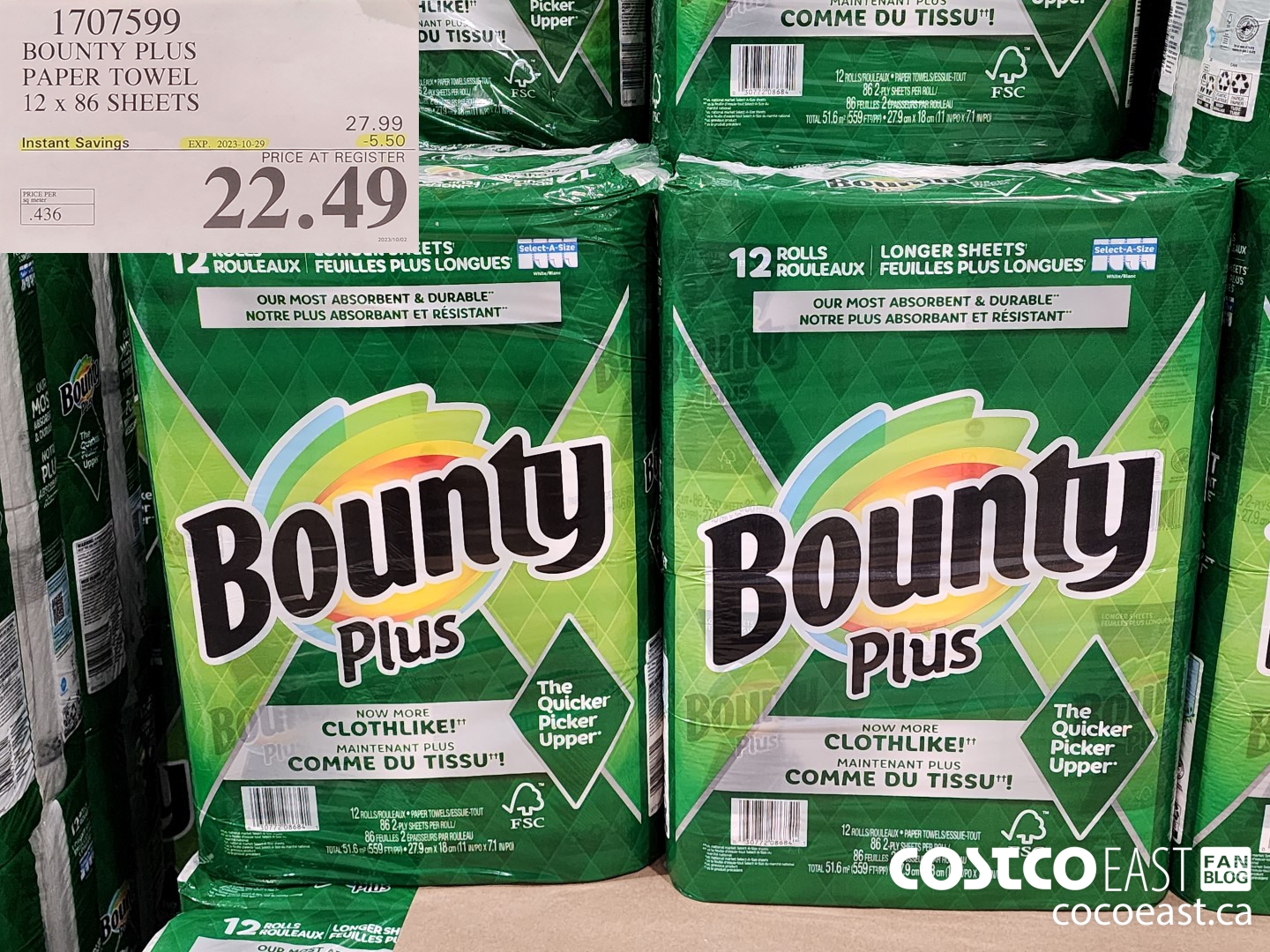 1707599 BOUNTY PLUS PAPER TOWEL 12 x 86 sheets ($5.50 INSTANT SAVINGS EXPIRES ON 2023-10-29) $22.49